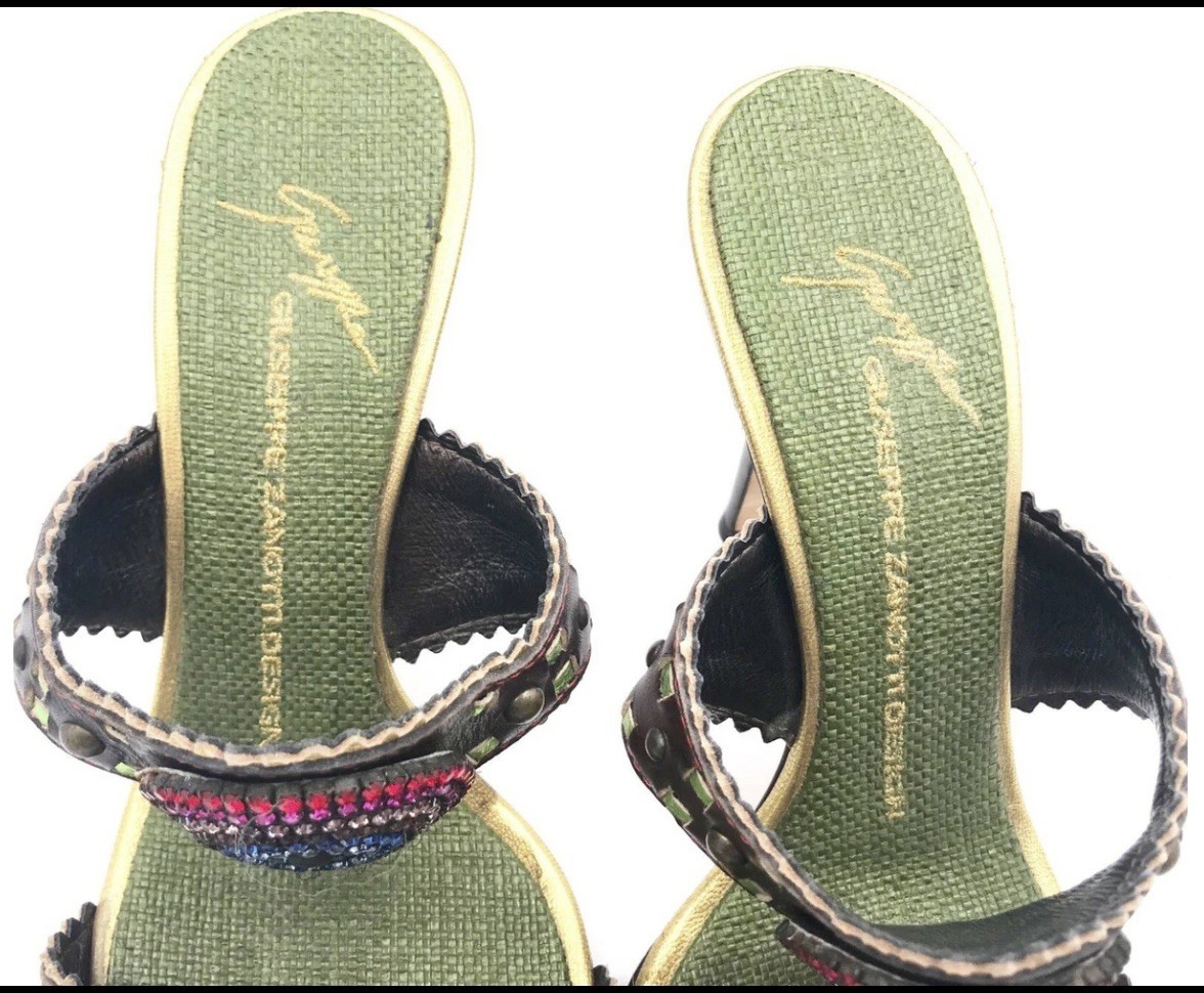 Giuseppe Zanotti Crystal Green Brown Multi Color Sandals Heels 8