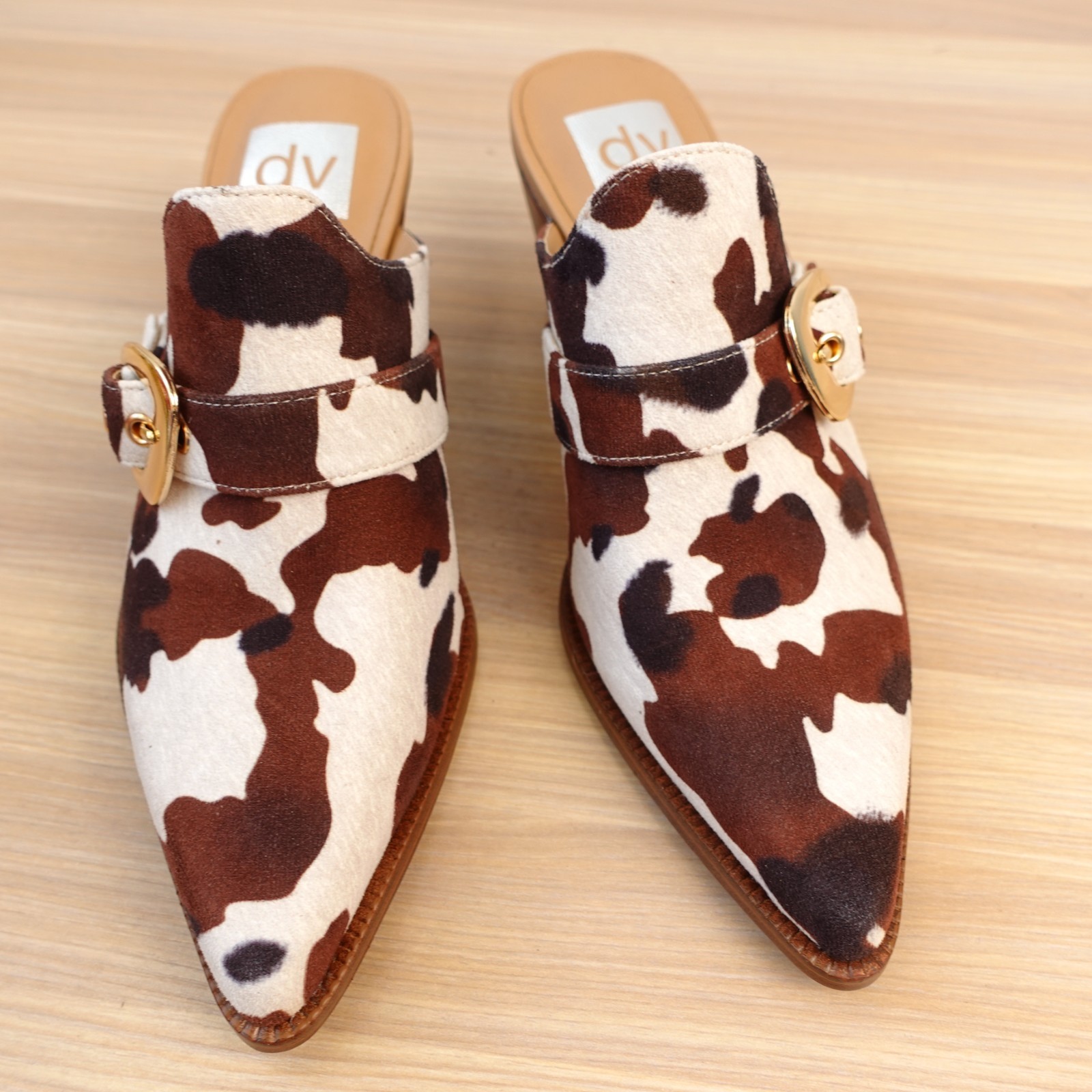 Dolce Vita Womens Mules 6 Brown White DV Cow Print Gold Buckle Slide Y2K NEW