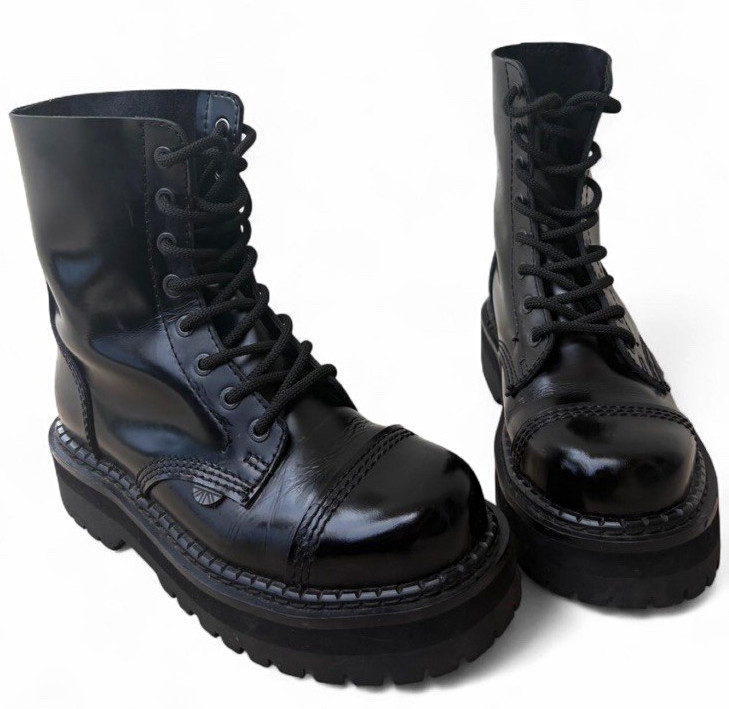 Underground Black Leather 8-Eyelet Steel Toe Combat Boots — Size 8 Double Sole