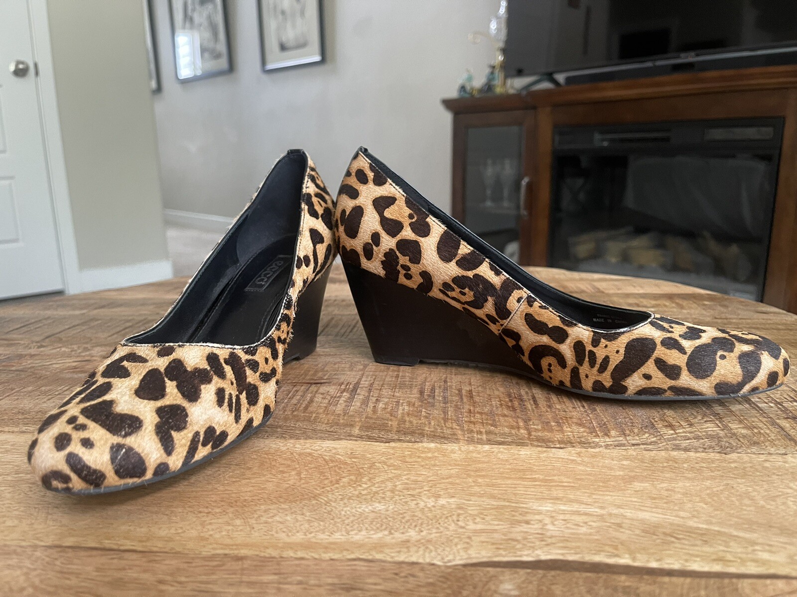 ECCO Beige Brown Real Cow Fur Hair CHEETAH Print Wedge High Heels SZ 41 or 10