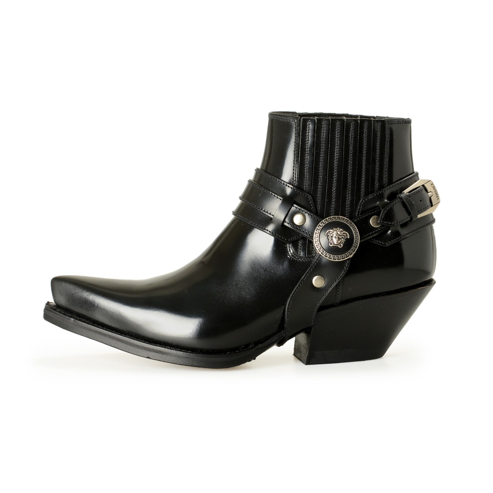 Versace Women’s Black Leather Silver Medusa Heeled Booties Shoes US 6 IT 36