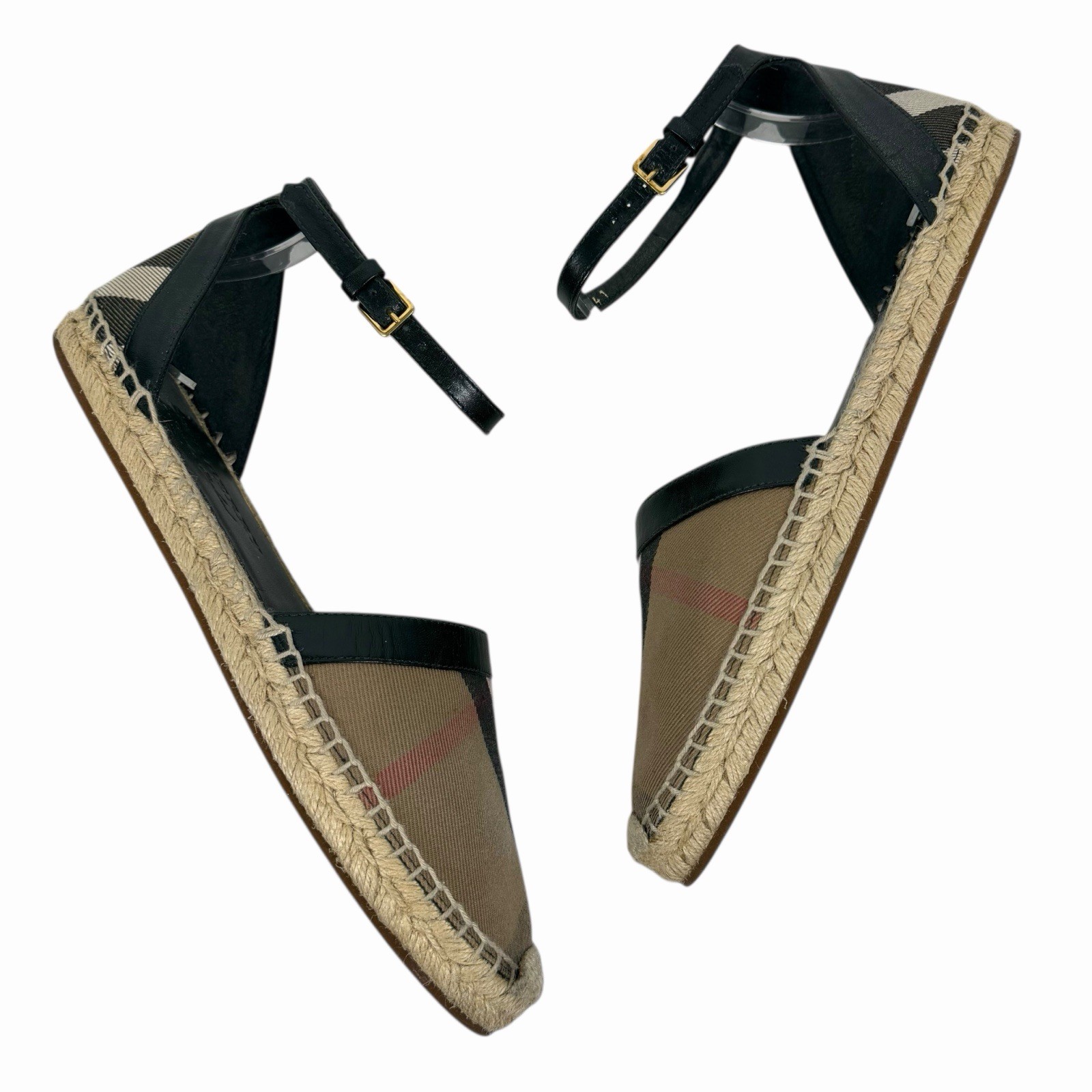 Burberry Abbington Nova Check Ankle Strap Espadrille Flats Black Women Size 41