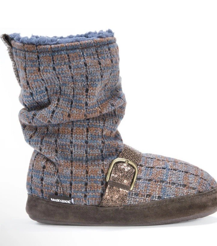 NWT Lia Bootie Slippers By Muk Luks Blue With Bronze Sequins & Thread