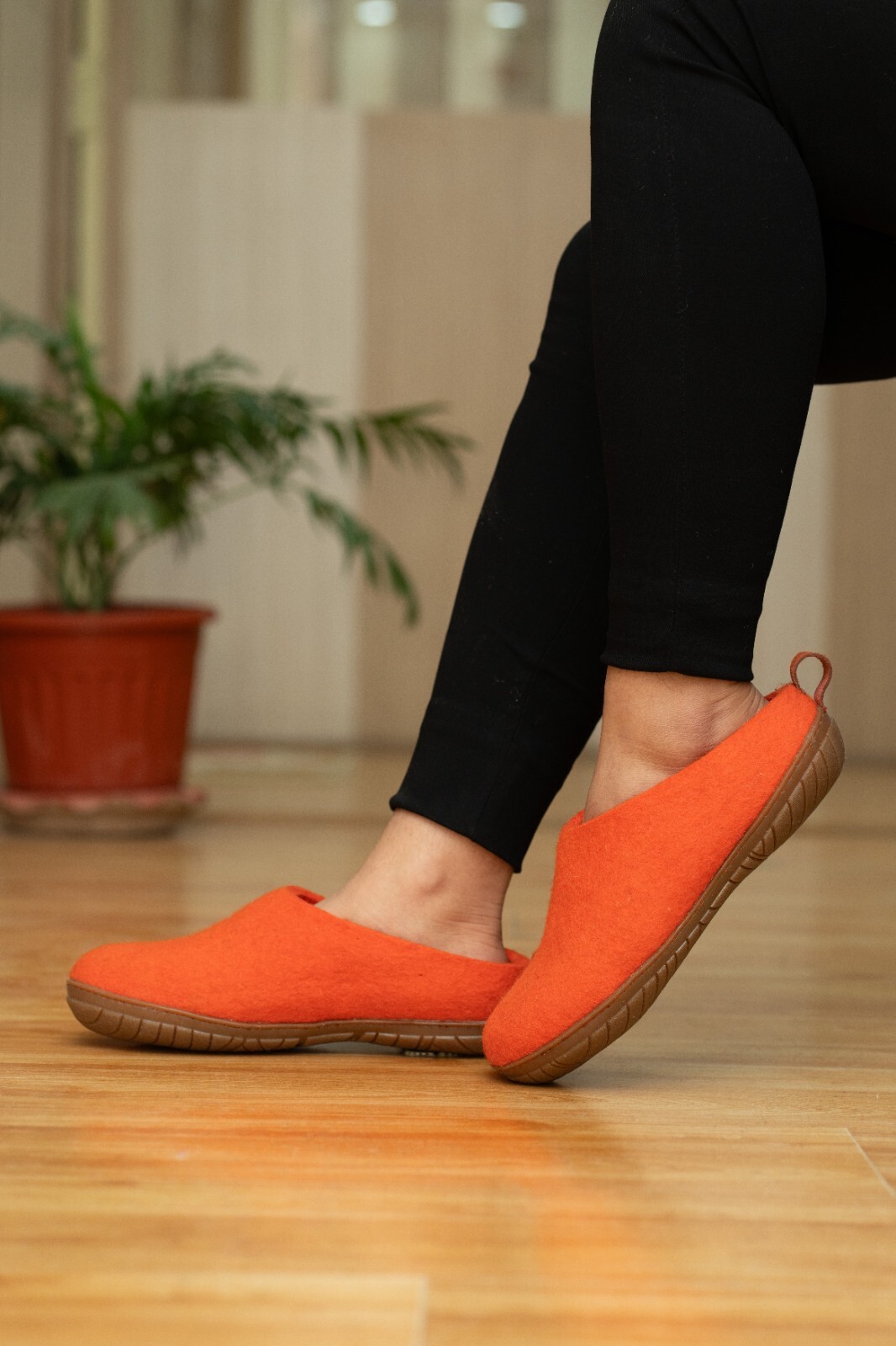 Woollyes Outdoor Open Heel Felted Wool Slippers with Rubber Sole -Vibrant Orange