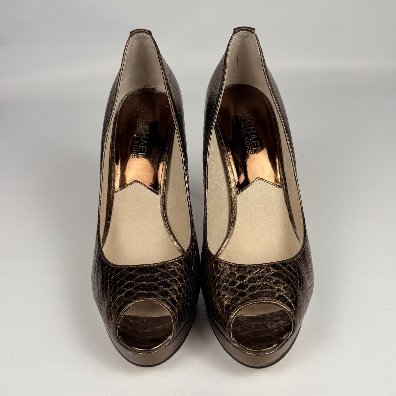 Michael Kors York Metallic Bronze Snakeskin Peep-Toe Platform Pumps Heels Sz 8