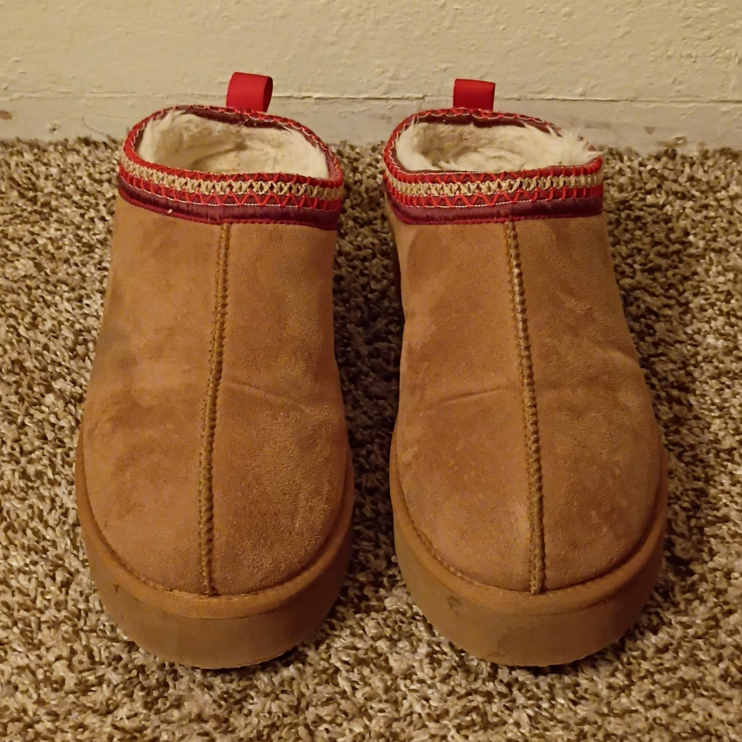 Women’s Brown Suede Slip-On Slippers Faux Fur Lined Fur Trim US 10