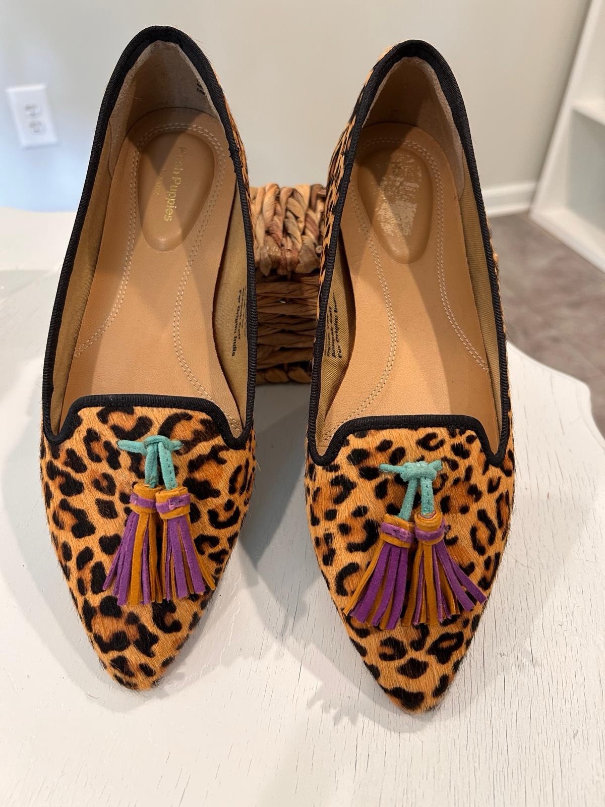 Hush Puppies Leopard Calf Hair Tassel Loafers Women’s US 8 Wide Bounce Flats