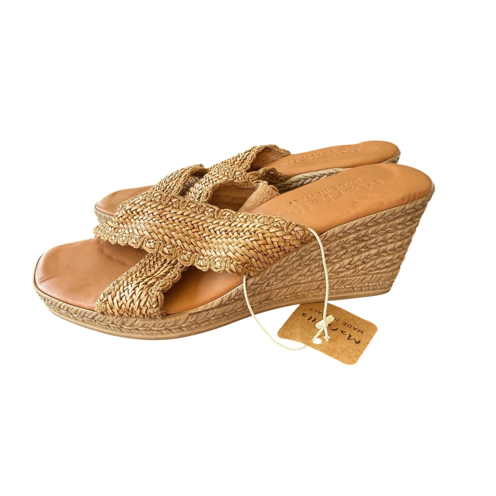Mariella Tan Woven Wedge Heel Criss Cross Straps Slip-On Italian Sandals 9.5