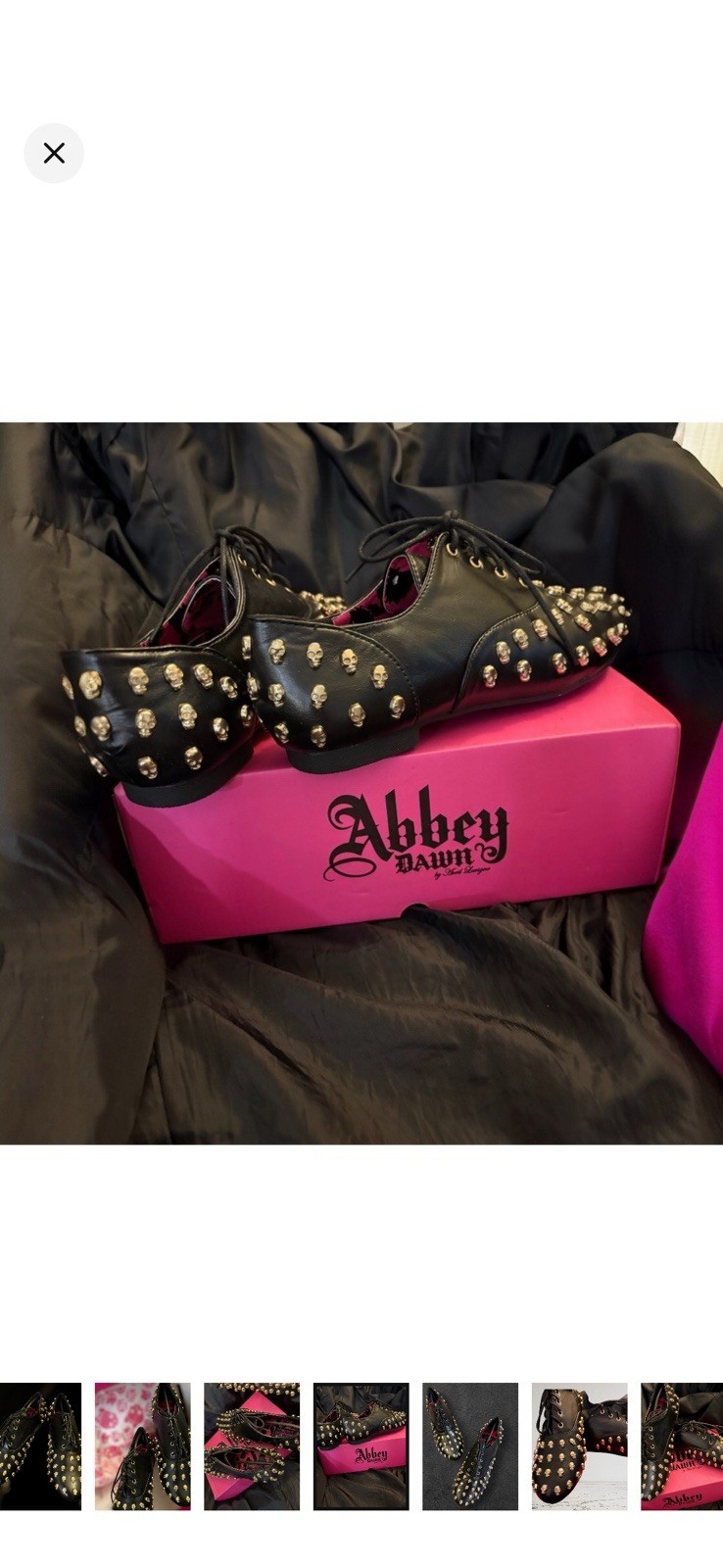 Abbey Dawn Women’s Black Studded Skull Accents Lace-Up Flats Black/Gold Size 8
