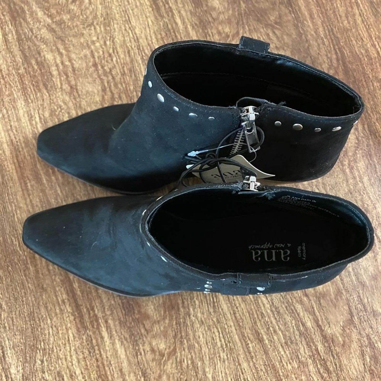 New Ana Women’s Boho Black Heeled Studded Ankle Boots 9.5 Inside Zip Chunky Heel