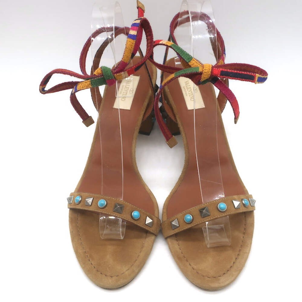 Valentino Rockstud Rolling Ankle-Tie Sandals Brown Suede Size 40.5