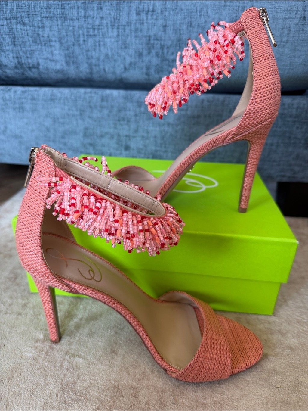 Sam Edelman Gillie Gladiator Coral Beaded Ankle-Strap Heels