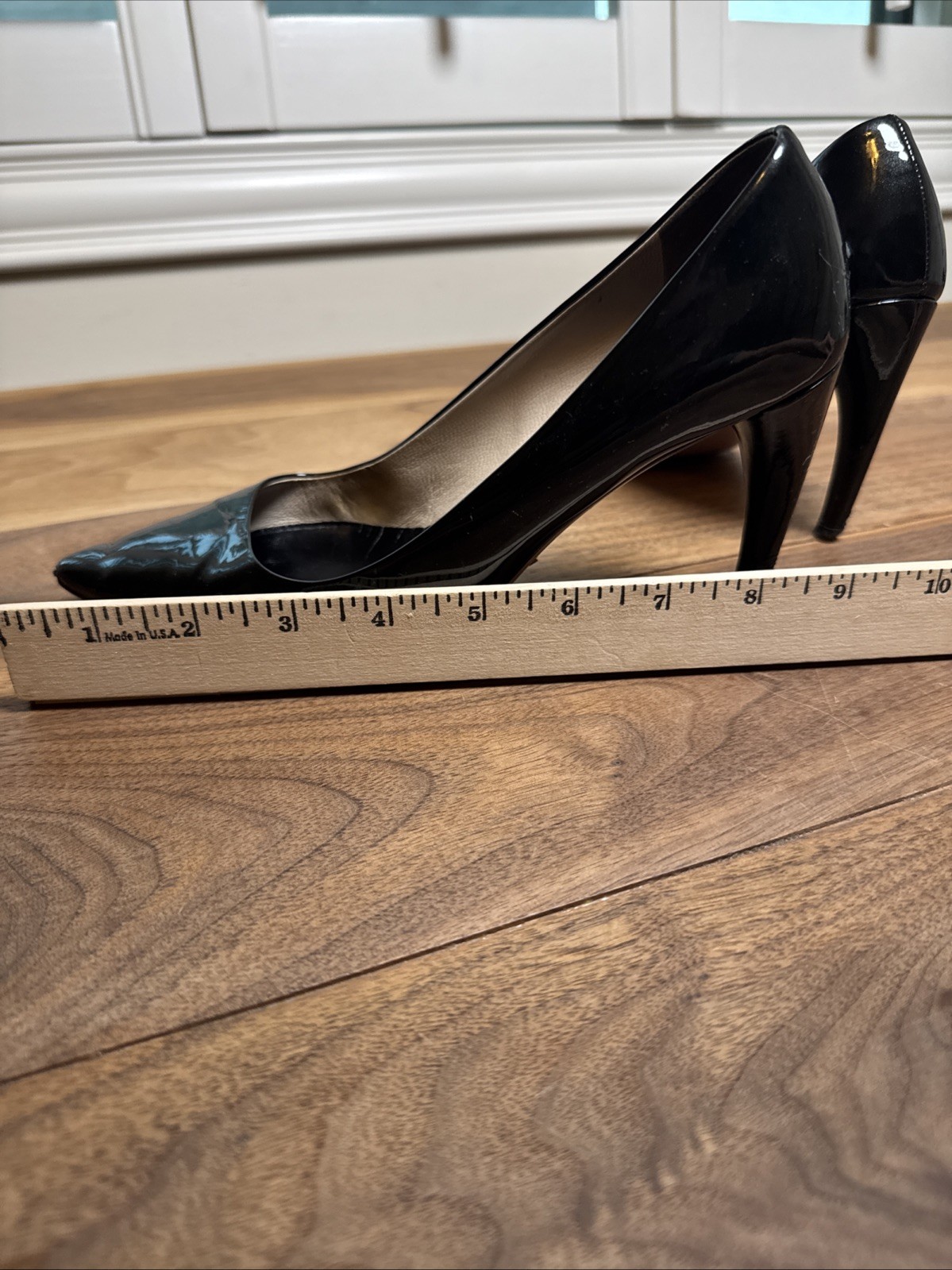 Prada Pumps Black Patent Leather Size 36 Pointed Toe Heels Designer 3.5 In Heel