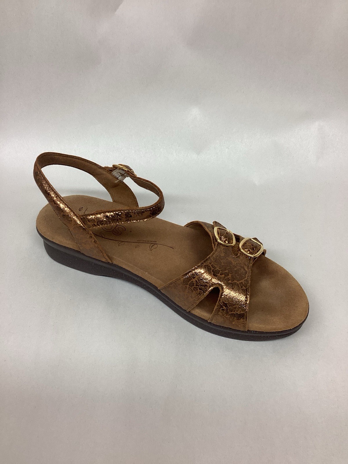 Womens SAS Leather Sandals Strappy Buckle Bronze Metallic Glitter 7.5 S (AAA)