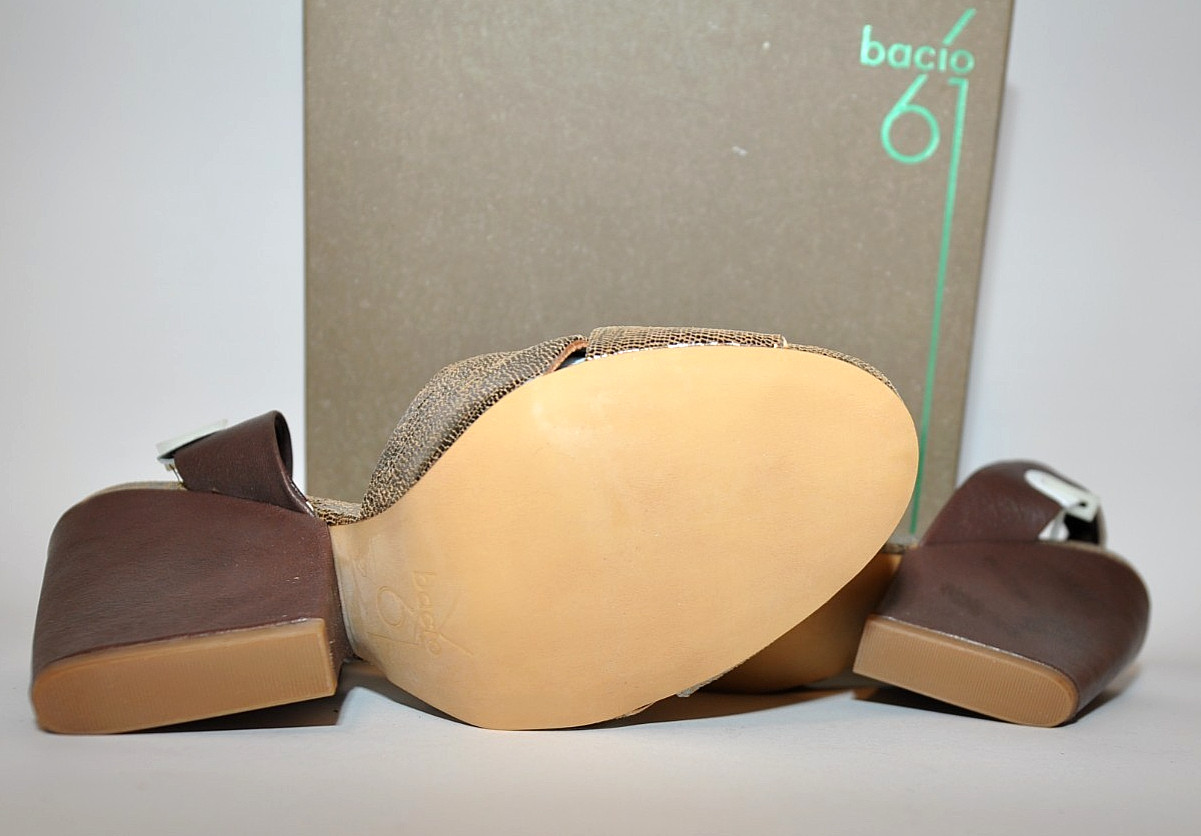 Bacio 61 «Betulla» Leather Wedge Ankle Strap Sandal 4.25″ Heel, Brown/Silver NIB