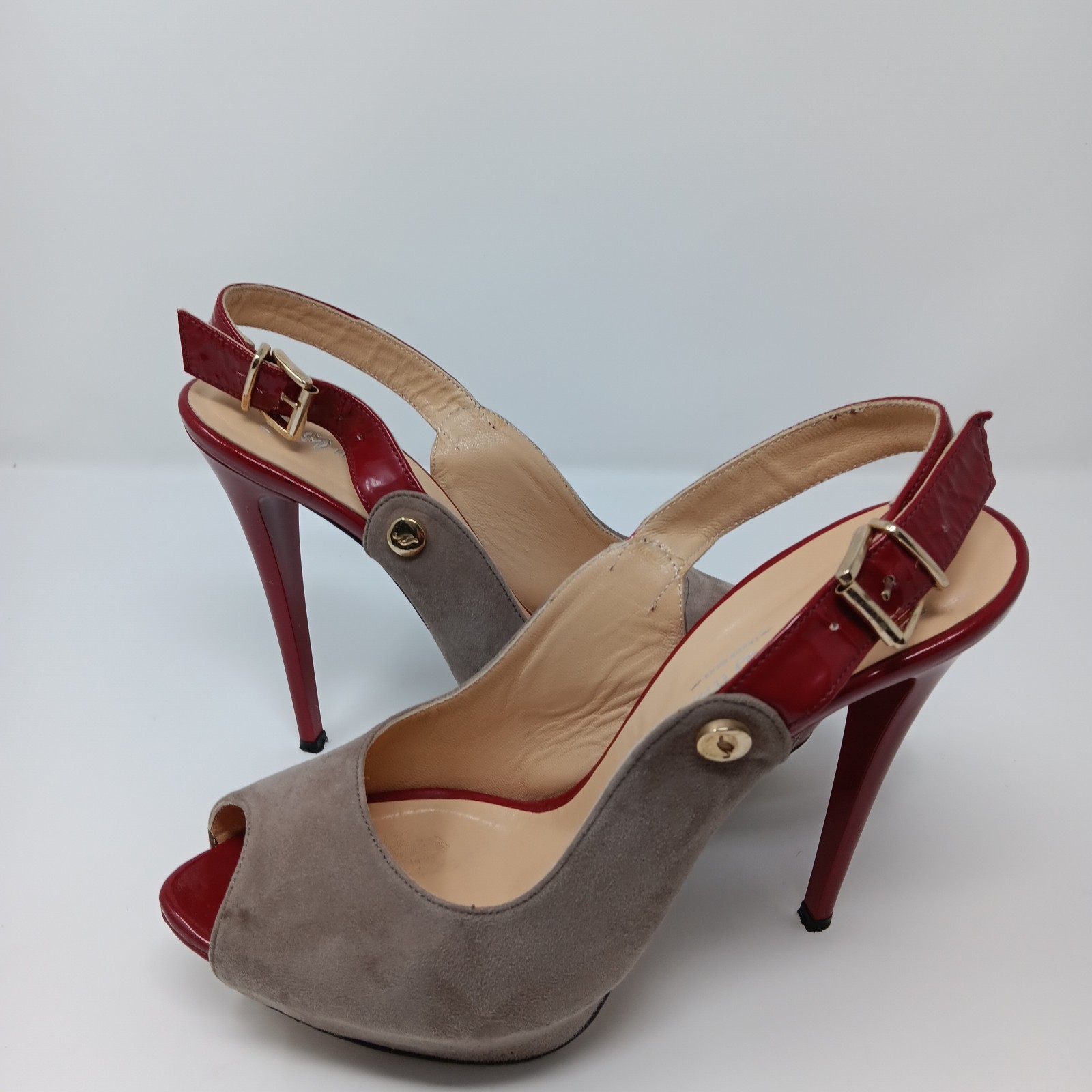 Mario Muzi Suede Red Patent Platform Slingback Peep Toe 5in Heels EU 40 US 9 9.5