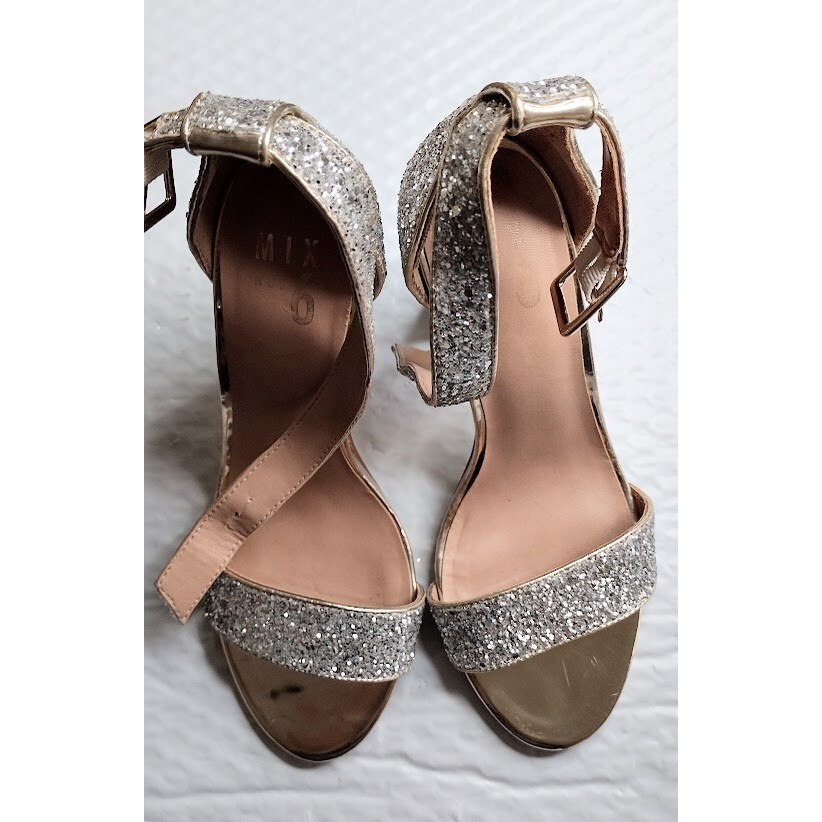 Mix No 6 Womens Glitter Block Heel Ankle Strap Sandals Gold Silver size 8