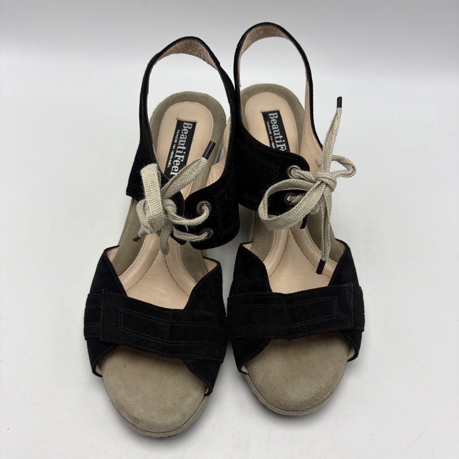 Beautifeel Wedge Sandals Womens 9 Black Suede Leather Tie EU 40 Israel Read