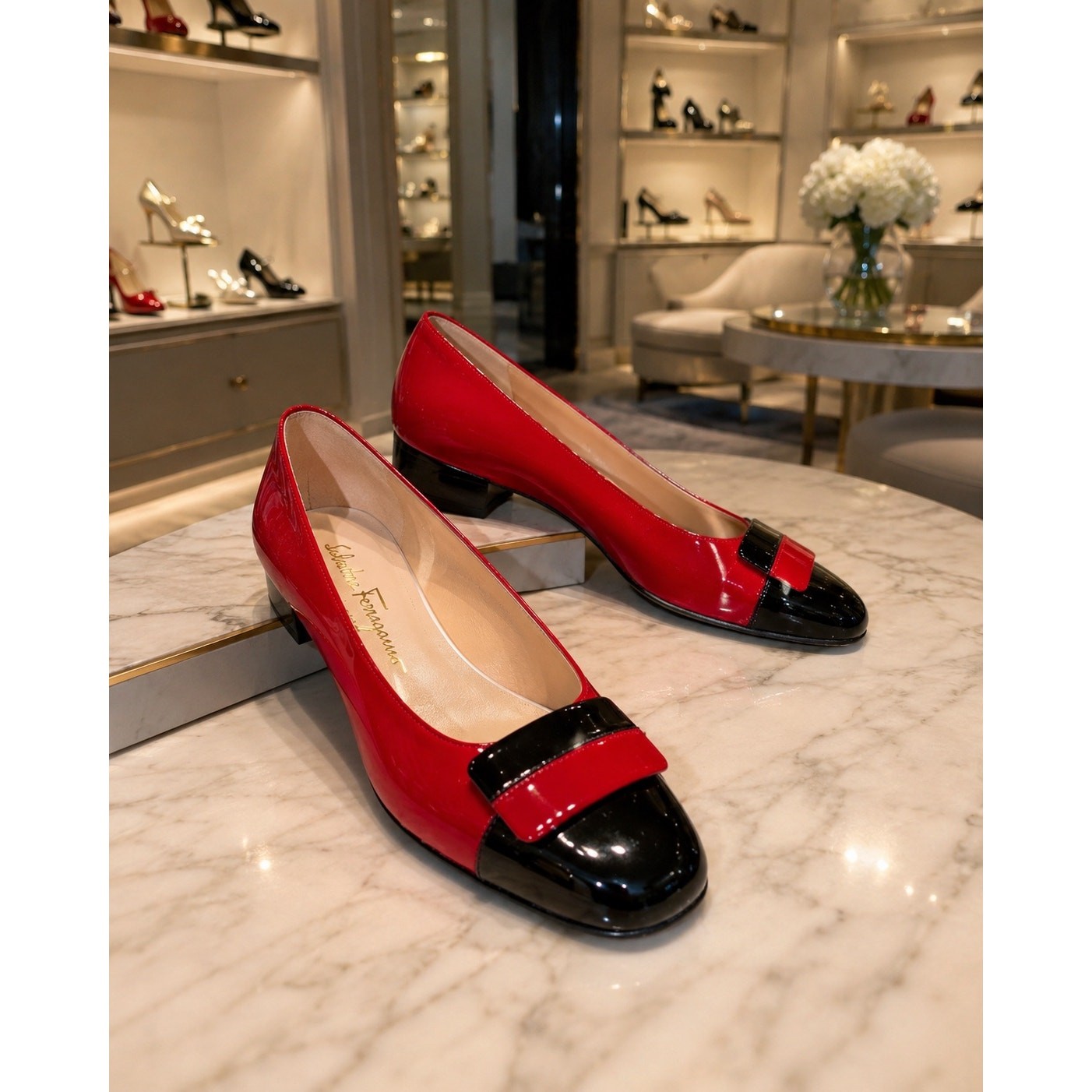 Salvatore Ferragamo Red Black Patent Leather Geometric Loafers 1” Heel Size 8 AA