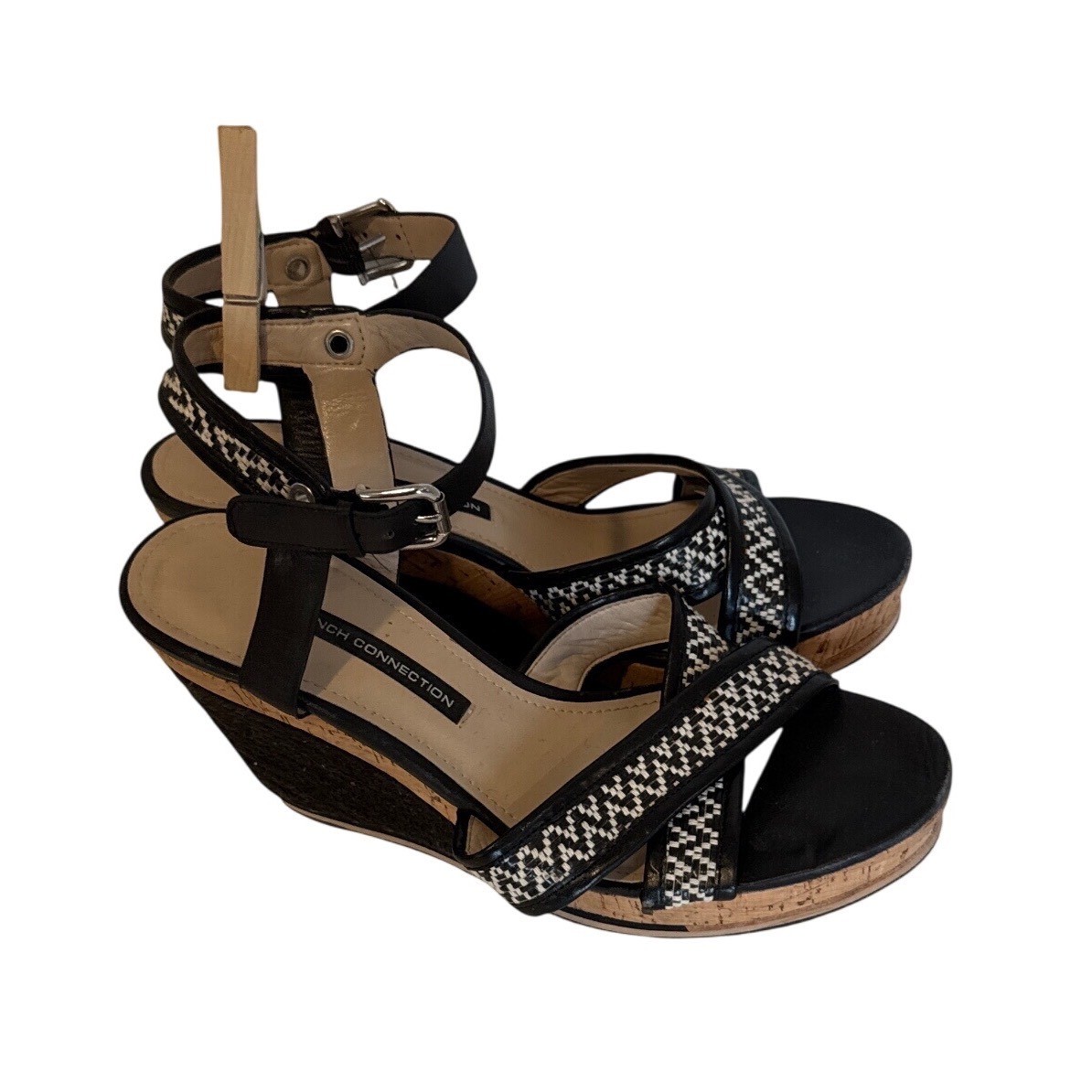 French Connection Black White Woven Leather Cork Lata Espadrille Wedge Sandal 41
