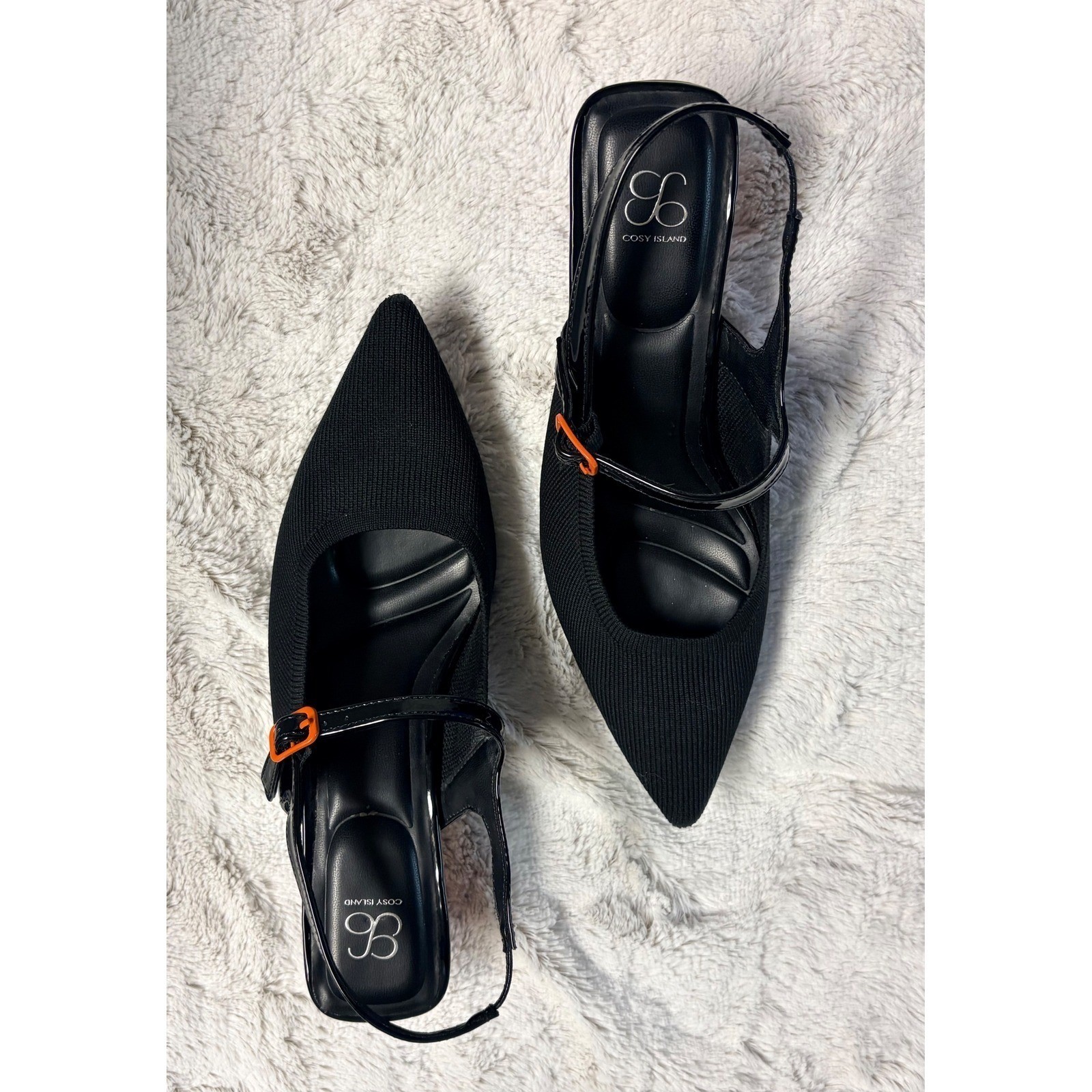 Cosy Island Knit Fabric Black Pointed Toe Slingback Heels Orange Stiletto Sz 6.5