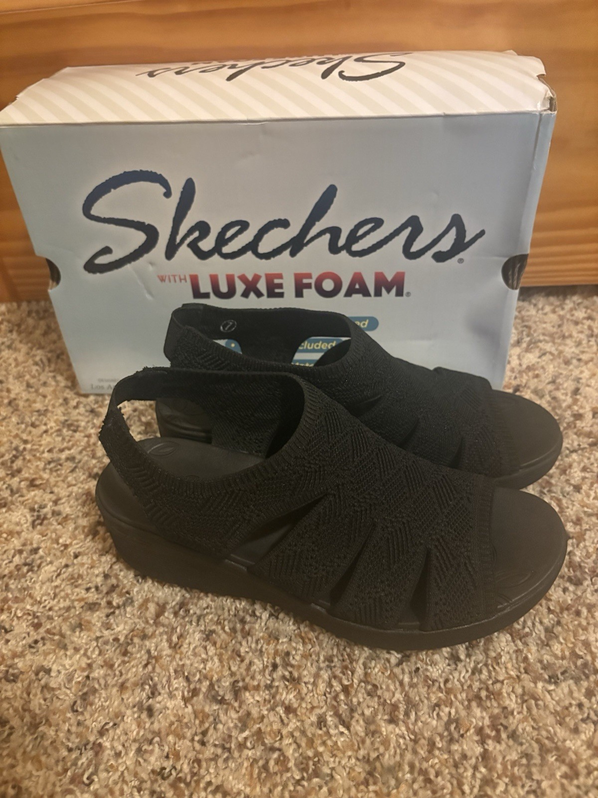 Skechers Pier-Lite Memory Maker Vegan Sandals 7 M B BOX Excellent Cond. Black