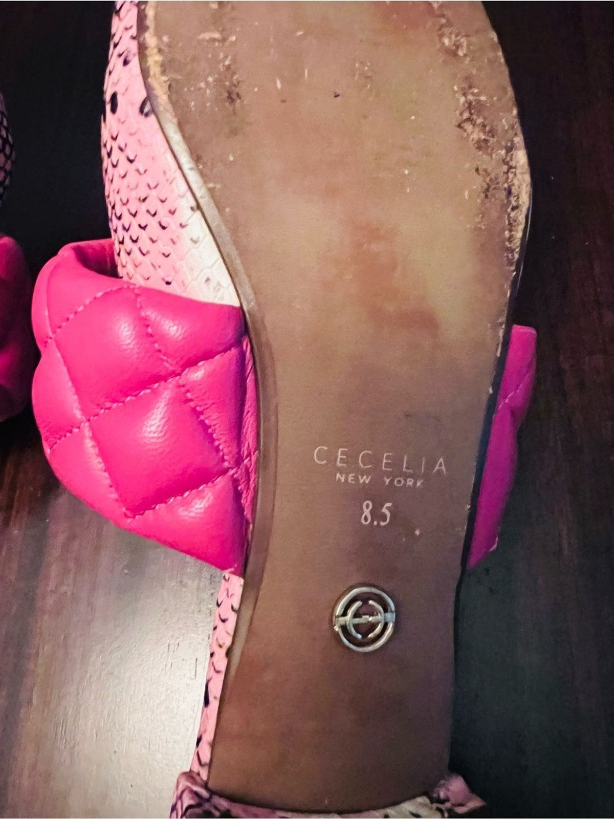 Quilted Hot Pink Strap Pointed Mule with Pink Snake-Print