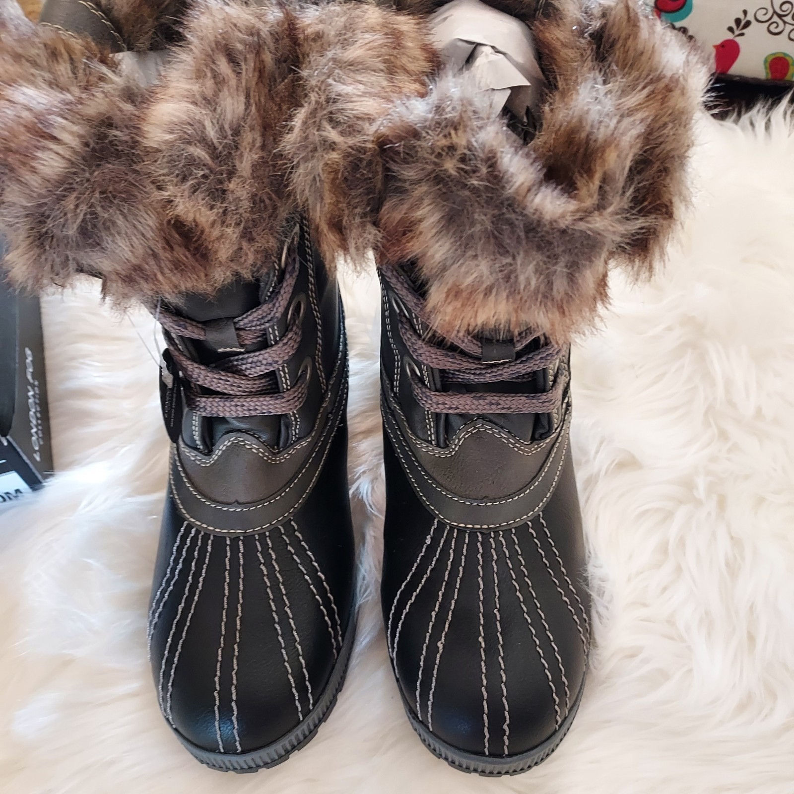 London Fog LFW-MILLY Faux Fur Water Resistant Lace Up Winter Boots Black 10M NWB