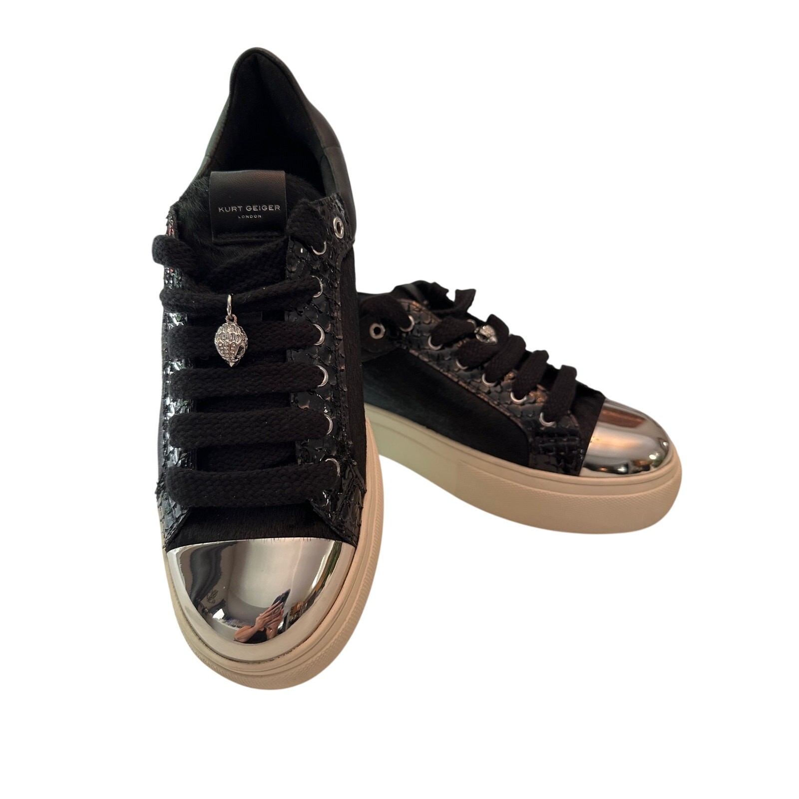 Kurt Geiger London Lana Black Calf Hair Metallic Cap Toe Platform Sneakers 12
