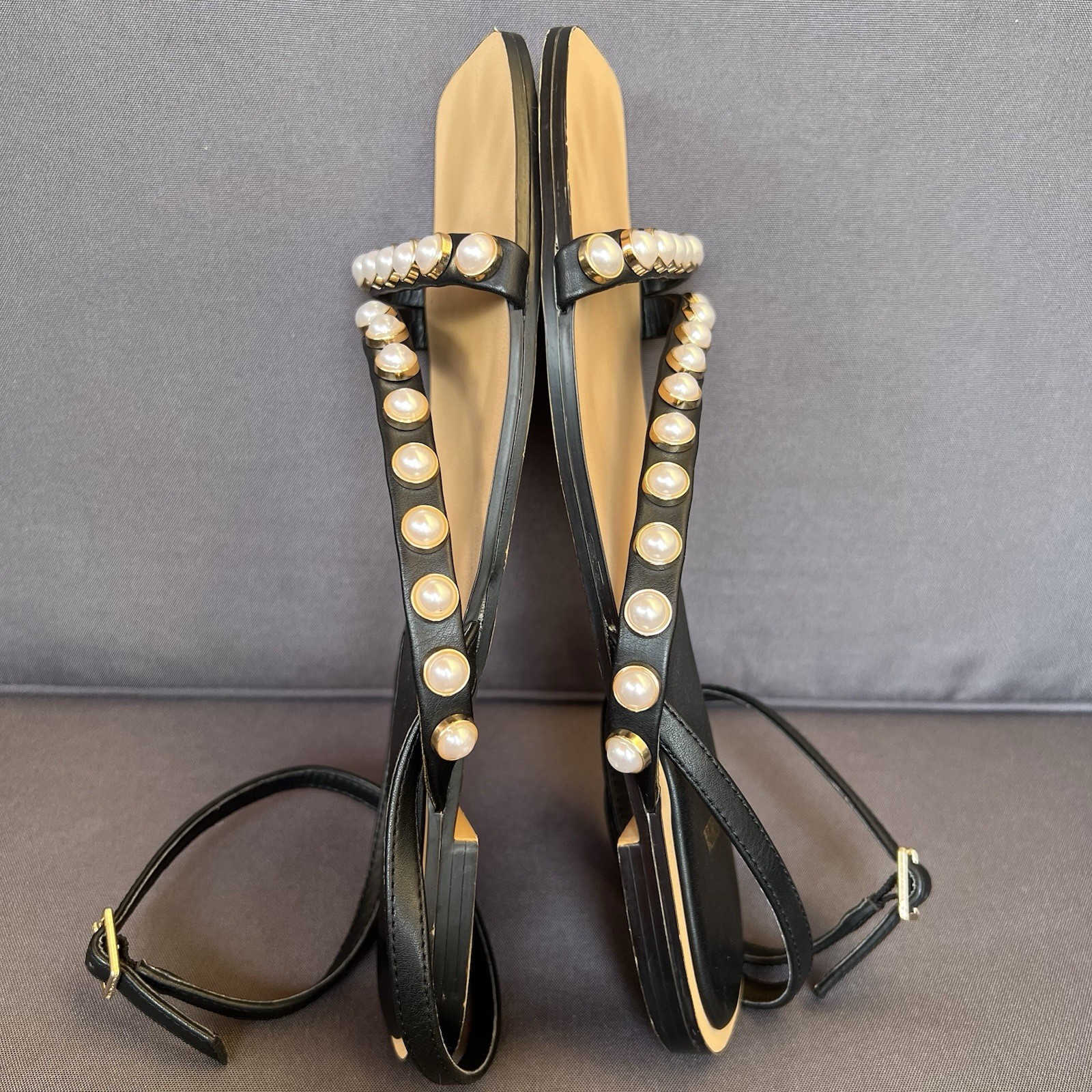 Zara Pearl Studded Flat Strappy Sandals Sz 36 US 6 Black White Gold Chic Wedding