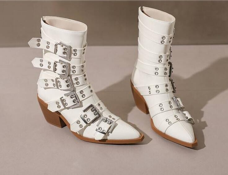 Women’s Pointed Toe Faux Leather Ankle Boots Punk Motor Casual Clubwear Shoes SZ