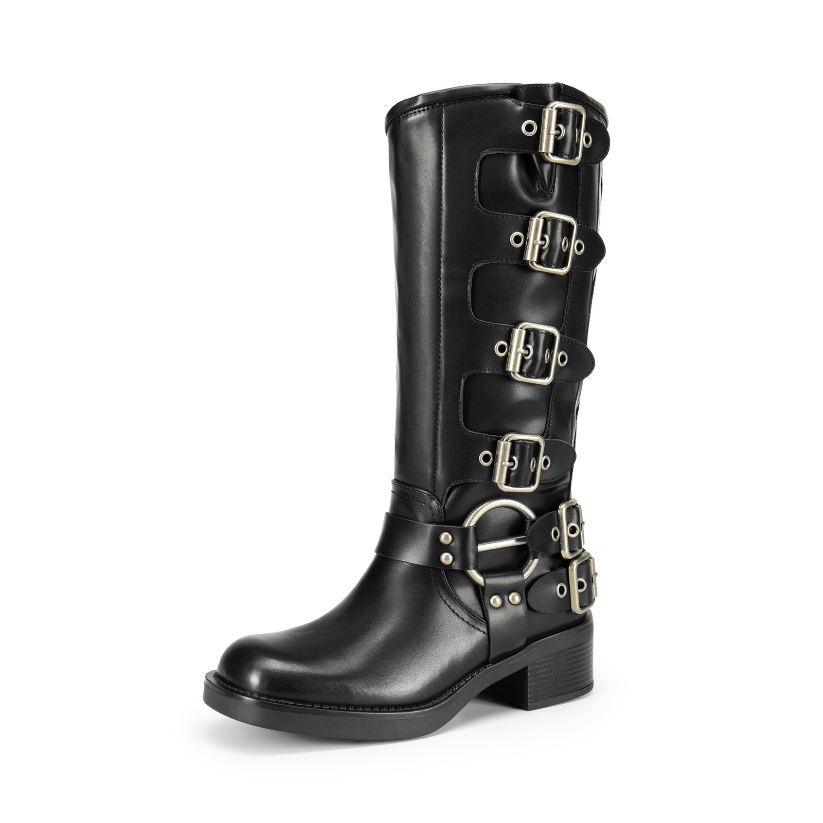 Women Fashion Knee High Boots Low Chunky Heel Square Toe Motorcycle Boots
