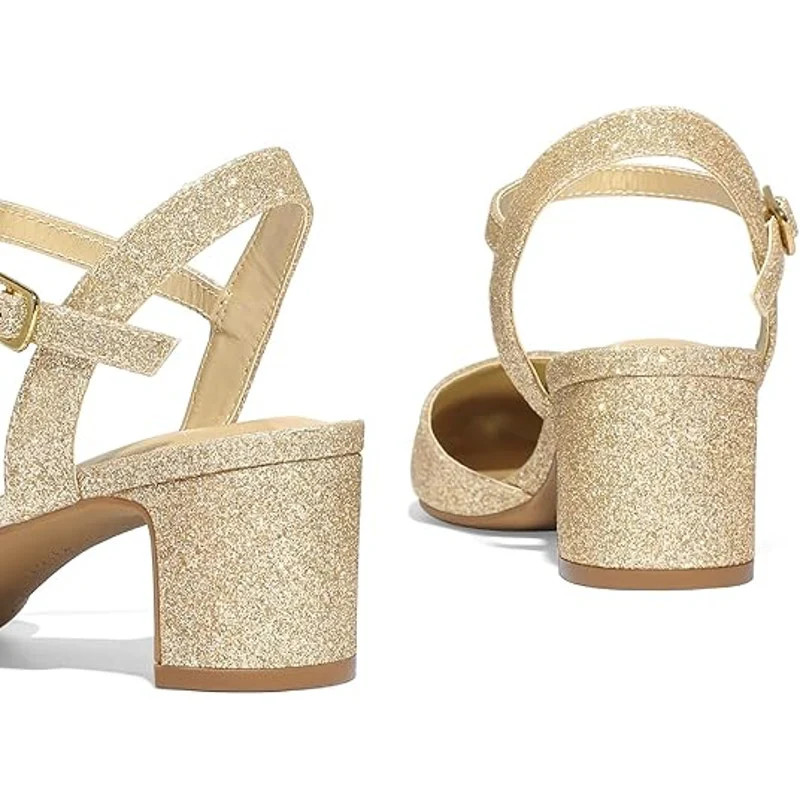 New Mysoft Womens 10 Gold Glitter Pointy Toe 2.5″ Block Heel Ankle Strap Shoes