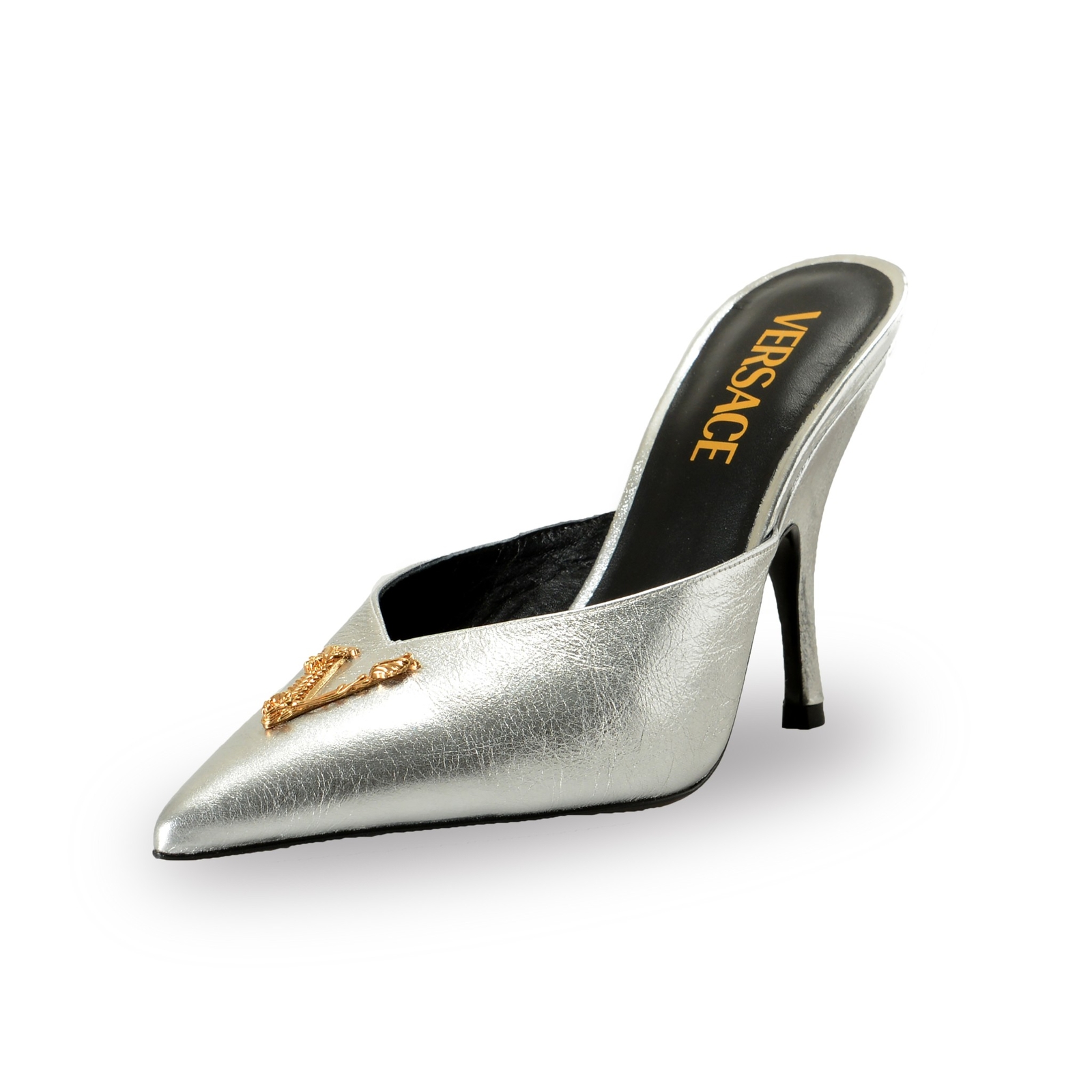 Versace Women’s V Logo 100% Textured Leather Heeled Mules Shoes US 6 IT 36