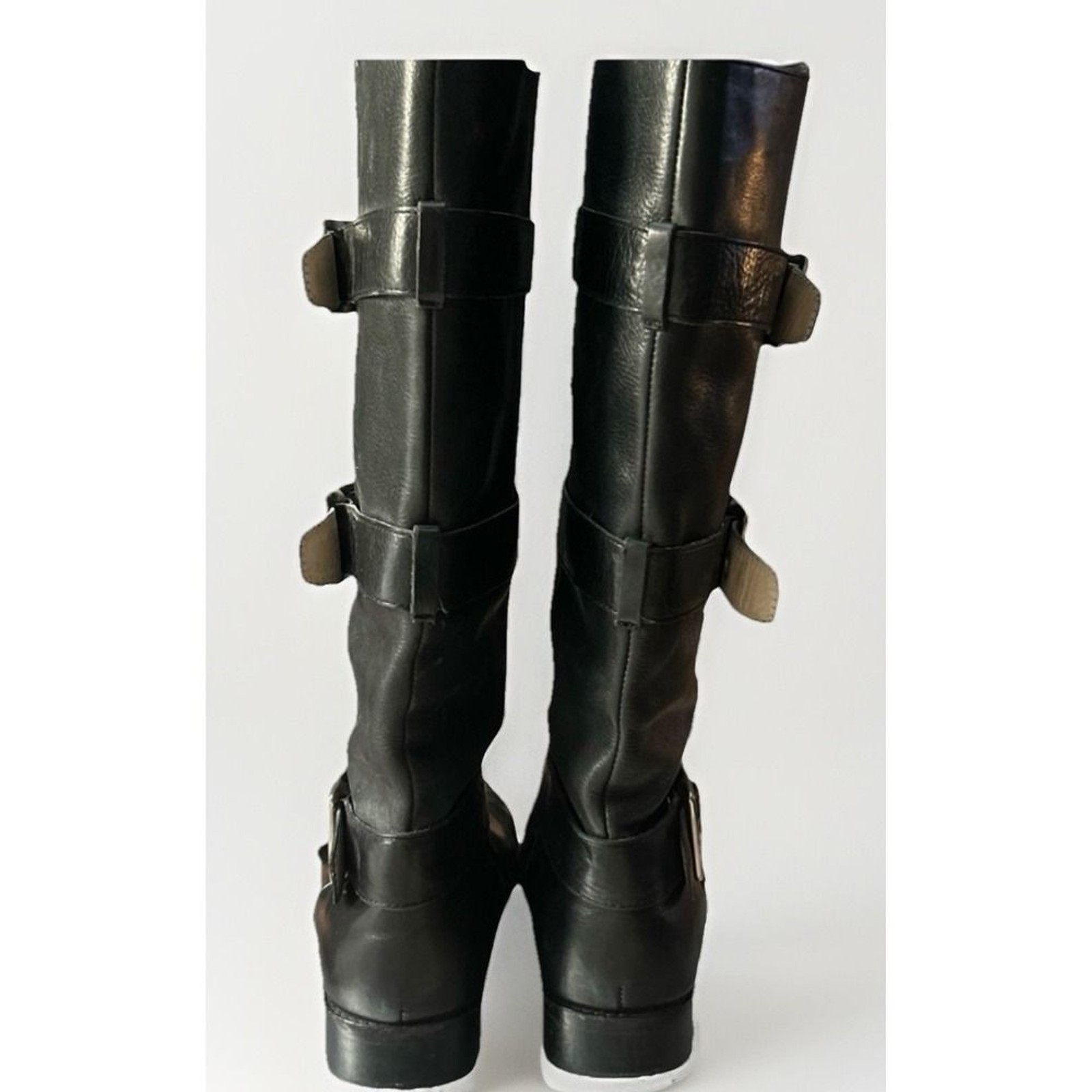 Coach Jordan Riding Boots Black Three Buckle Silver Tall Logo Equestrian Sz 9 B