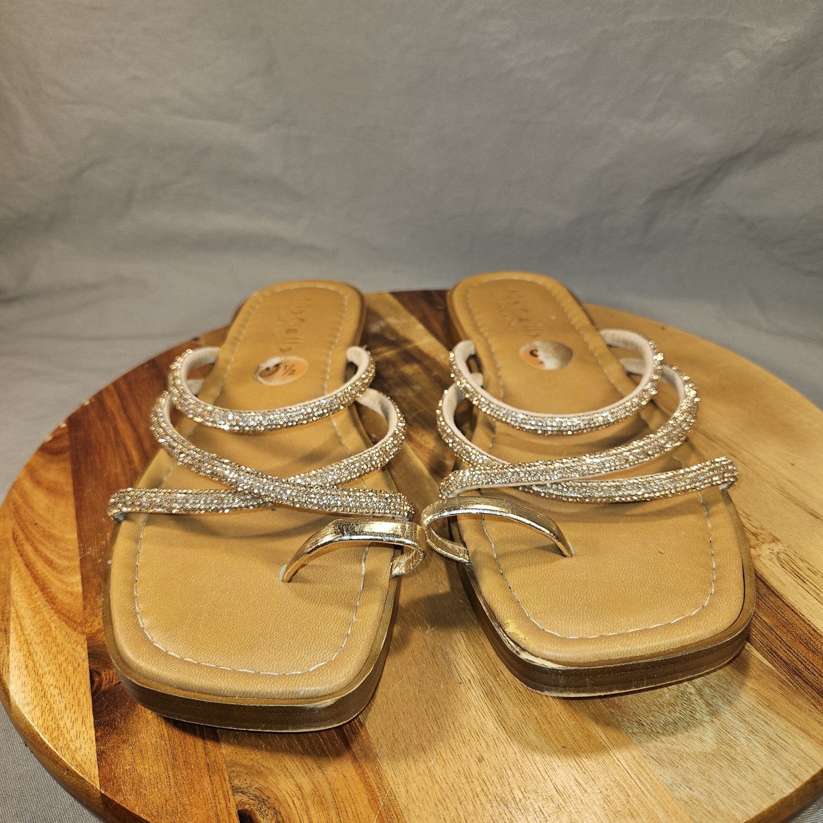 MARIELLA Sandals Womens 9.5 Gold Stoned Slip On Strappy Slides Made In Italy.