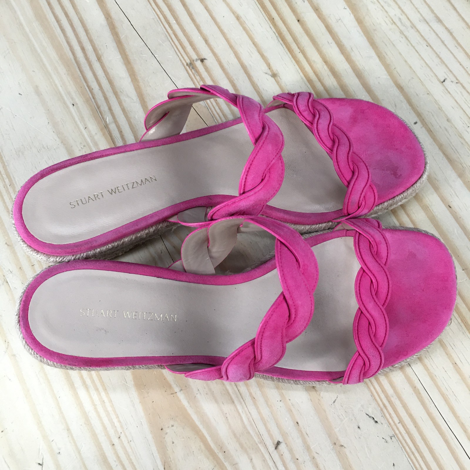 Stuart Weitzman Twistie Sandal Womens 8 Hot Pink Suede Braided Espadrille Wedges