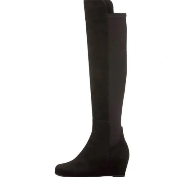 Stuart Weitzman Semi Boot Tall Stretch Back Suede Wedge Round Black OTK 5