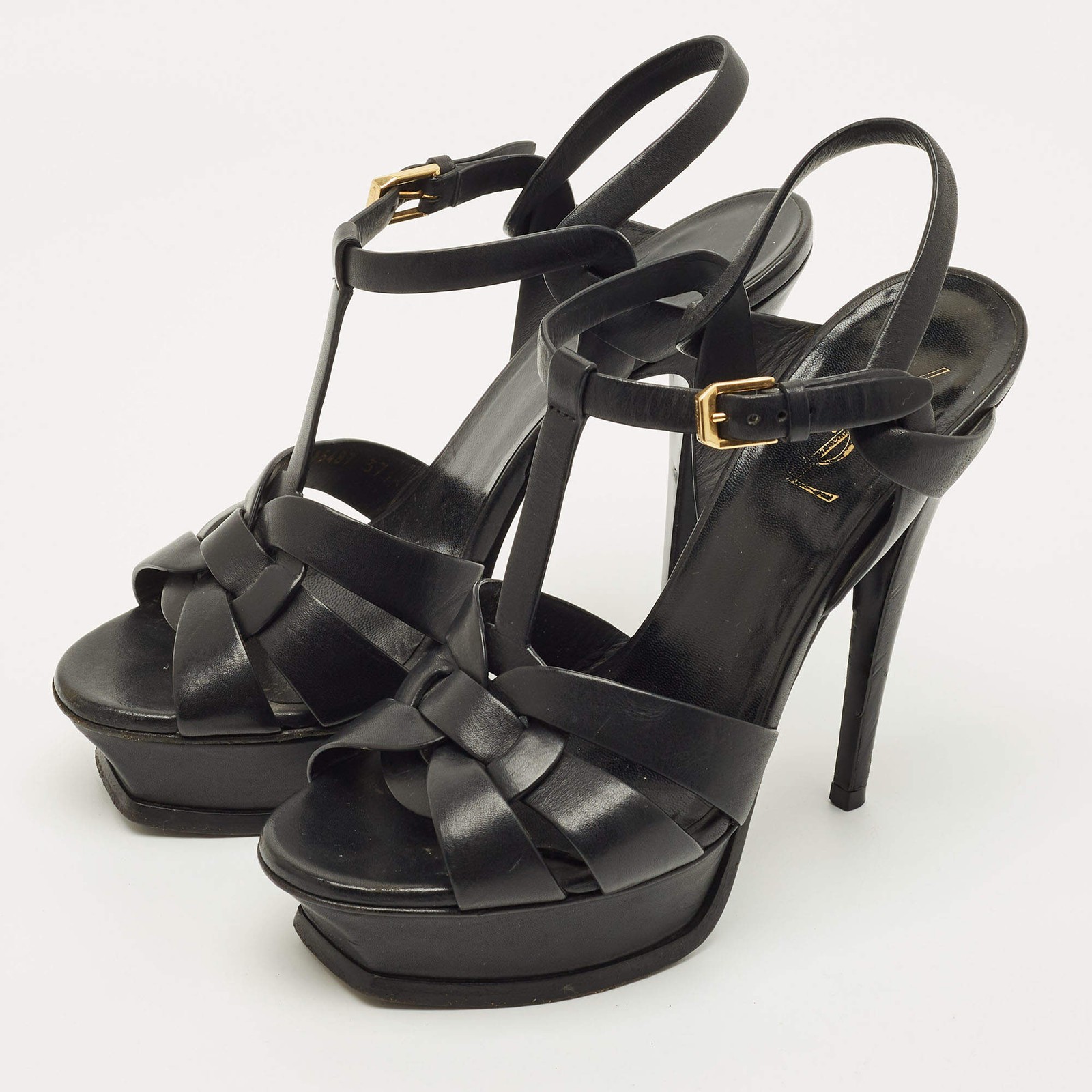 Saint Laurent Tribute Size 37 Black Leather Platform Sandals