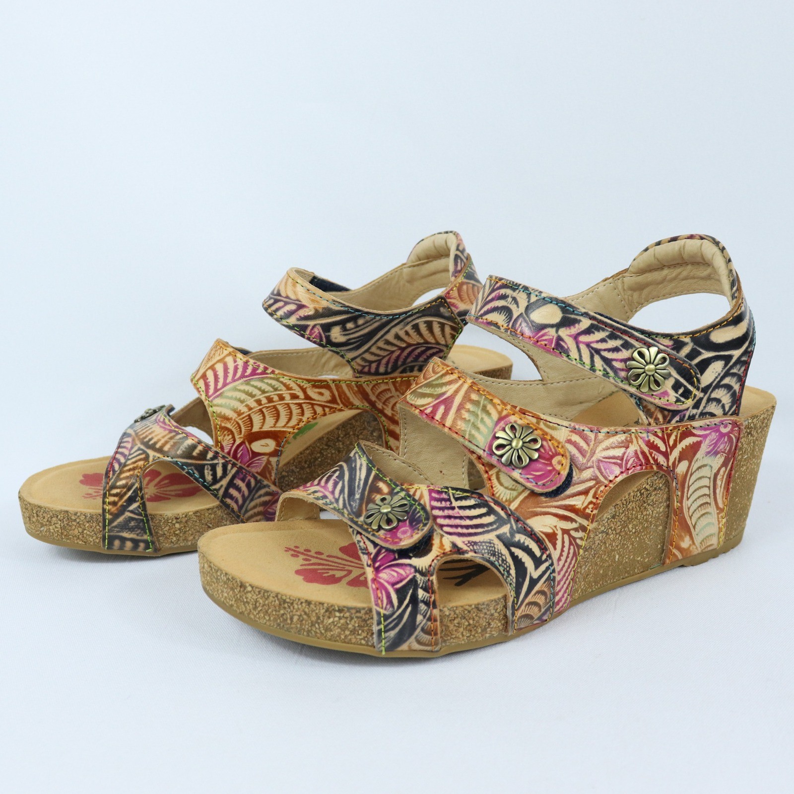 L’Artiste by Spring Step BonVoyage Hand Painted Tropical Wedge Sandals Sz EU 37