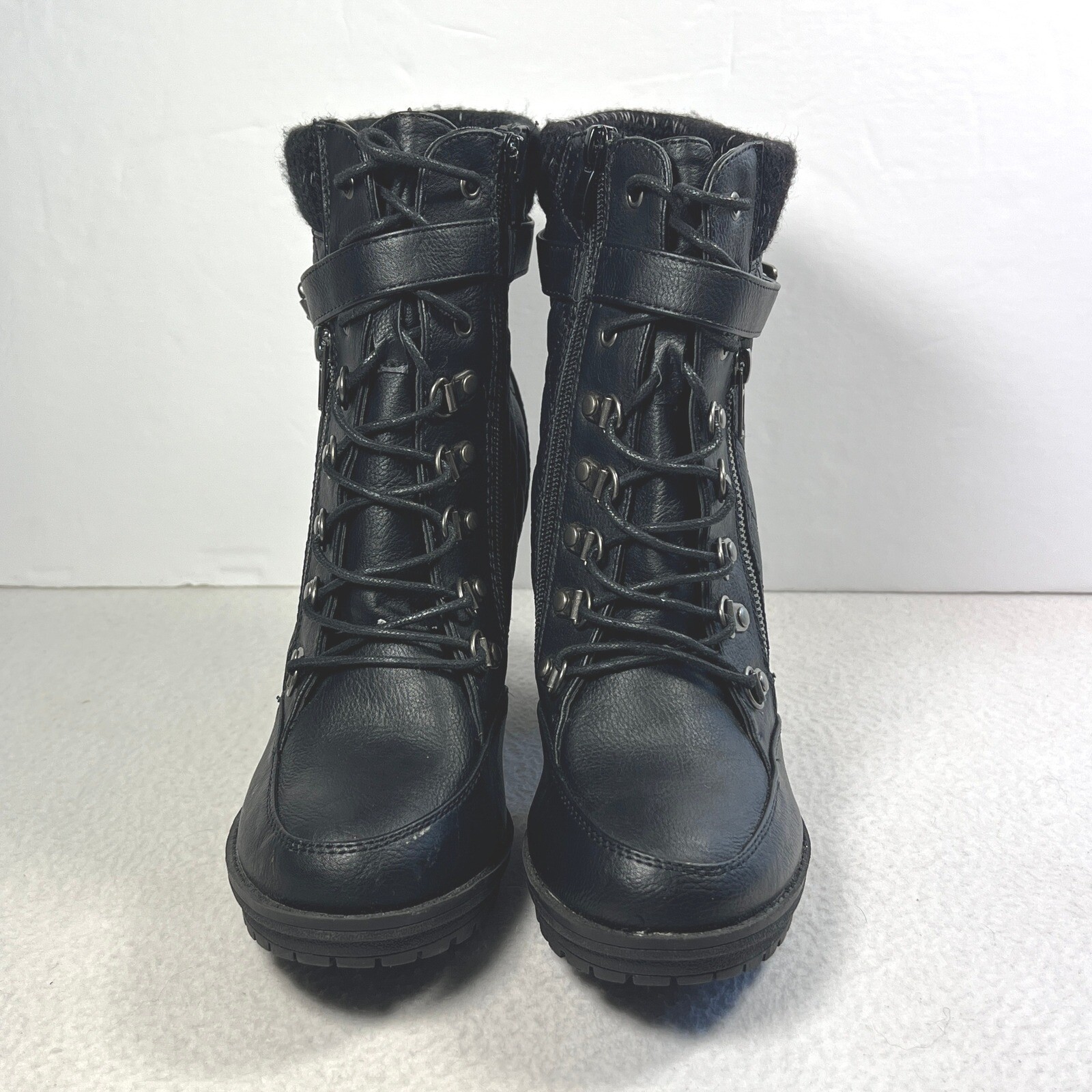 Global Win Black Ankle Boots Size 10 Lace Up Combat Chunky Gothic Zip Buckle