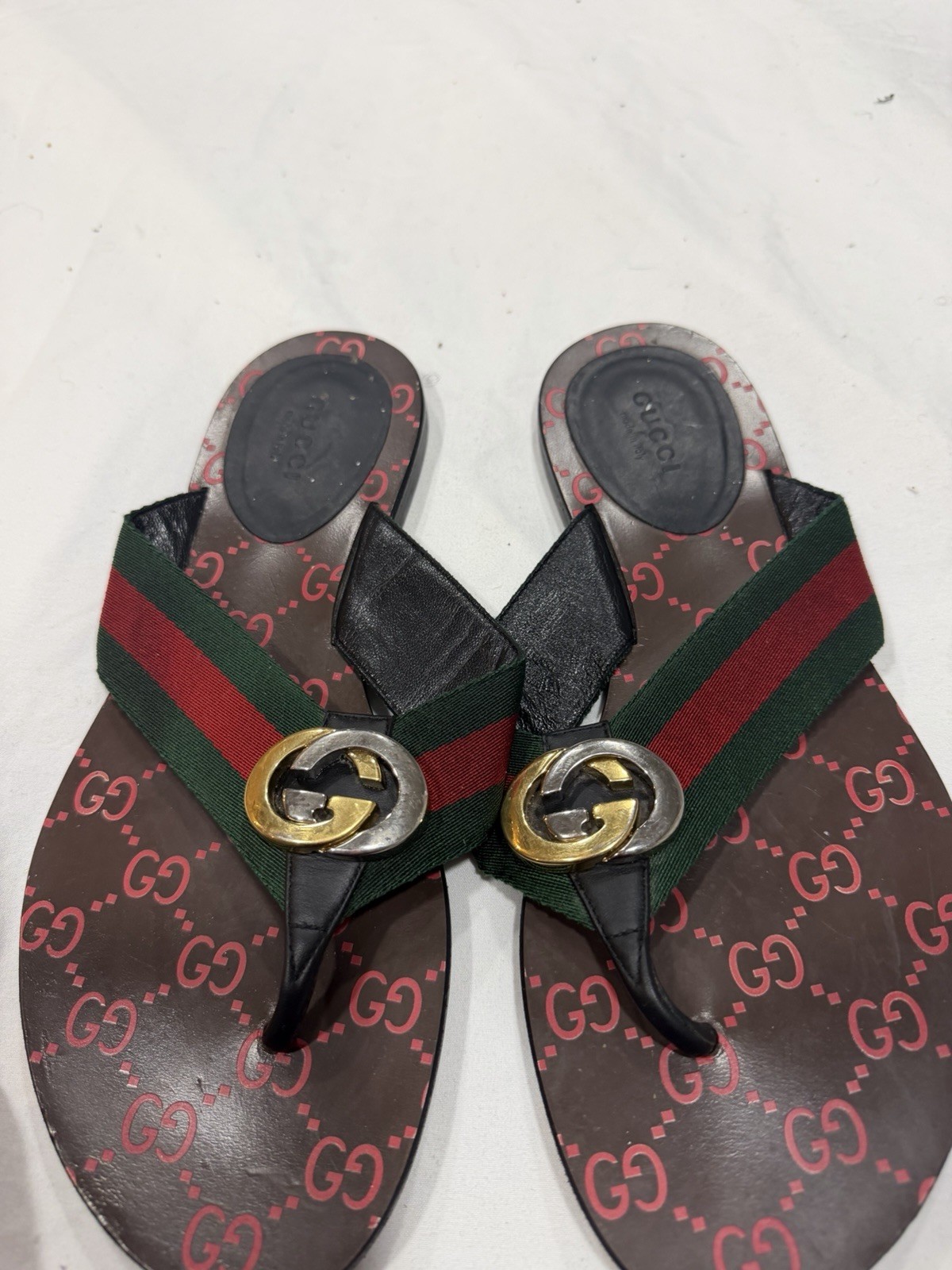 Gucci GG Logo Web Stripe Thong Sandals Brown Red Green Black US 8 EU38