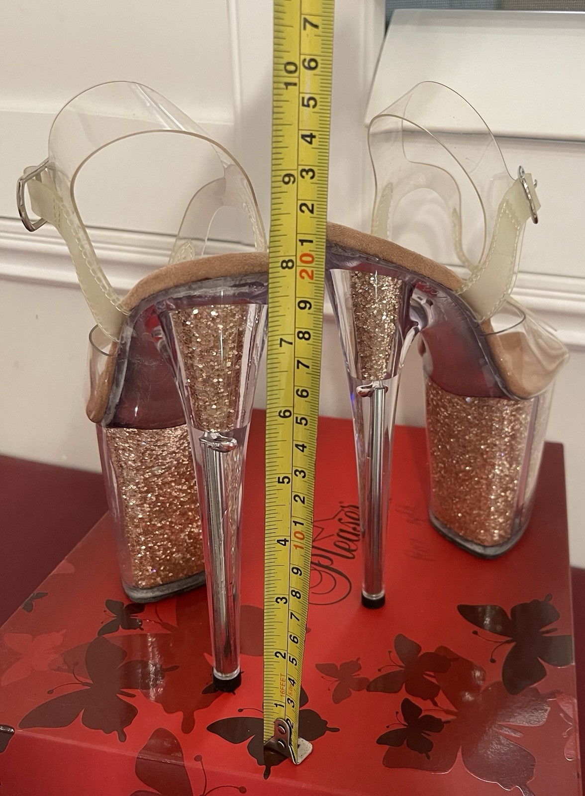 Pleaser Clear/Rose Gold Glitter Platform Ankle Strap Buckle Stiletto Heel 5