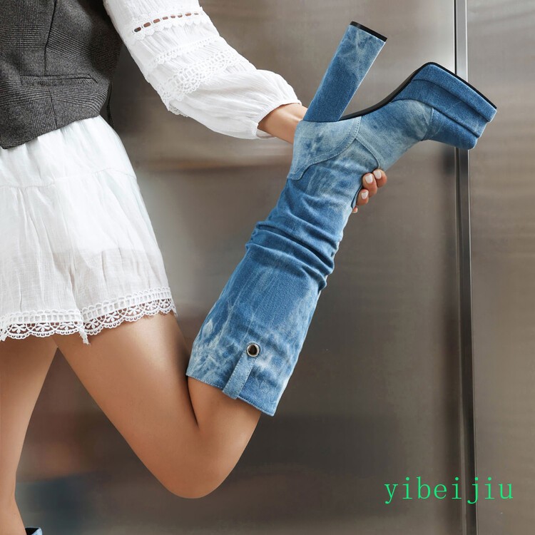 Women’s Lady Gothic Knee High Denim Jeans Boots Platform Shoes Zipper Clubwear 8