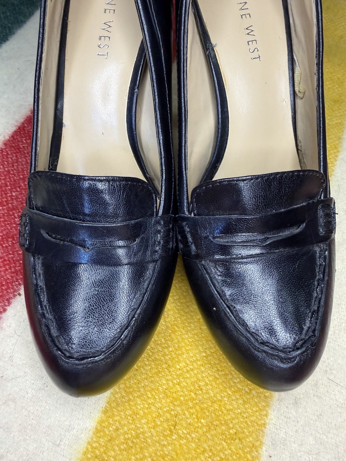 Nine West Black Leather Penny Loafer Stiletto Heel Pumps Size 7