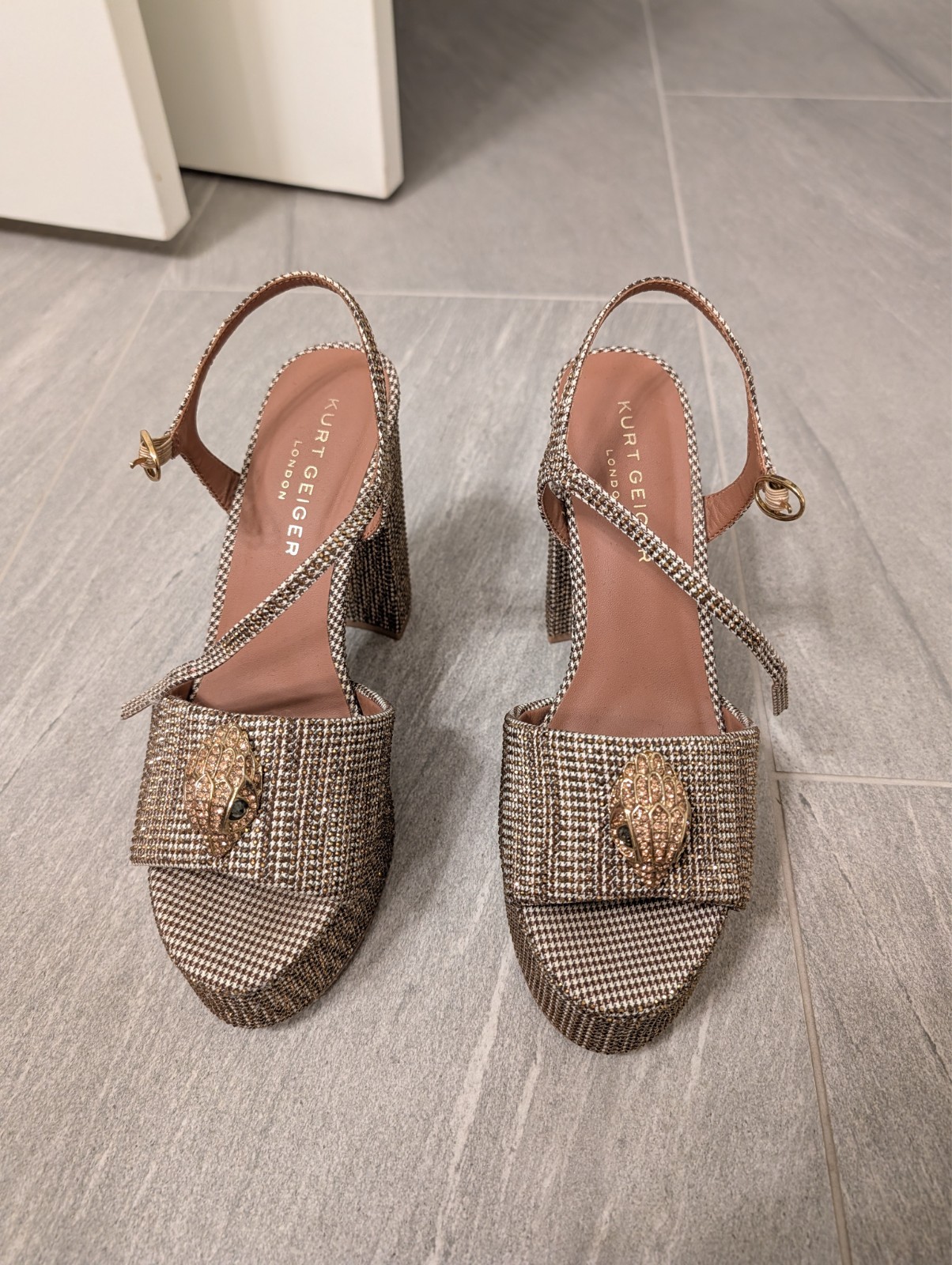 Kurt Geiger London Kensington Platform Sandals, Beige/Brown Houndstooth Crystals