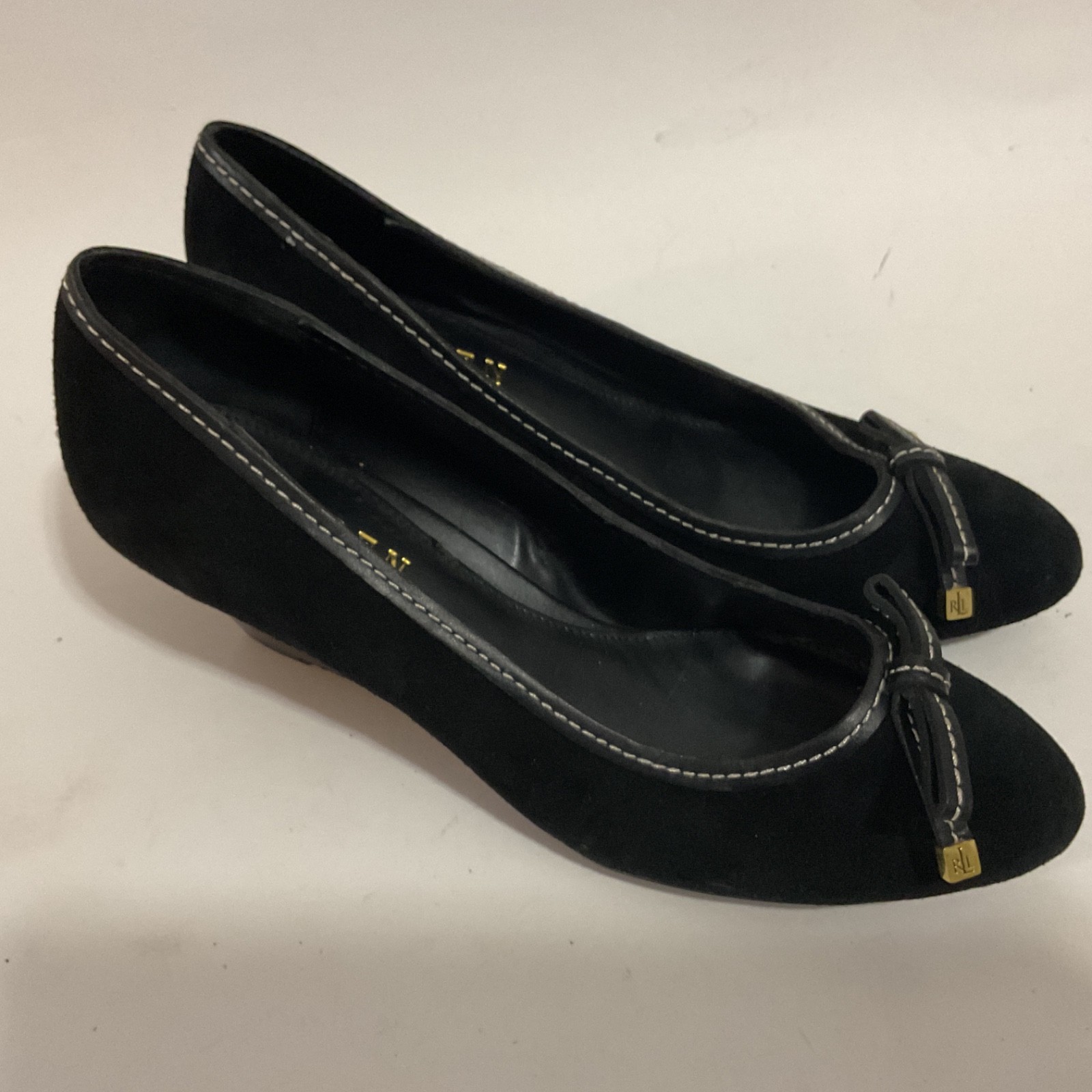 Womens Lauren Ralph Lauren Bernee Black Suede Wedge Heels,10B,Designer,Classic