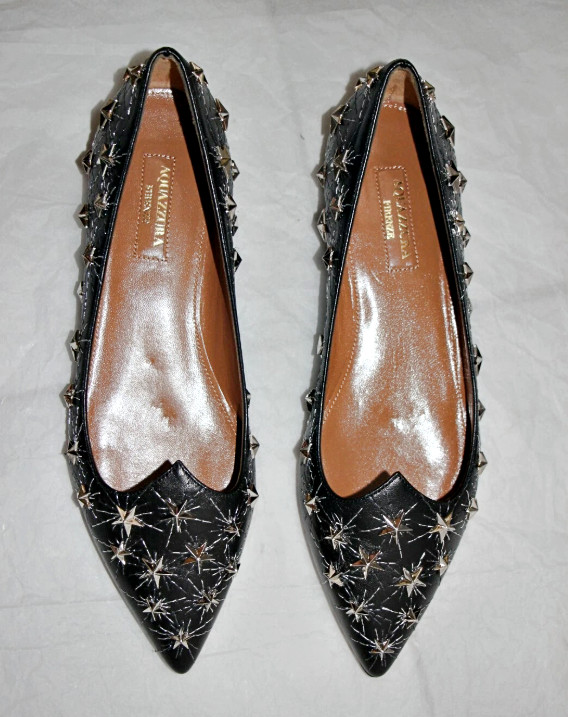 AQUAZZURA Cosmic Star Pointy Toe Flats in Black Silver sz US 6 – IT 36