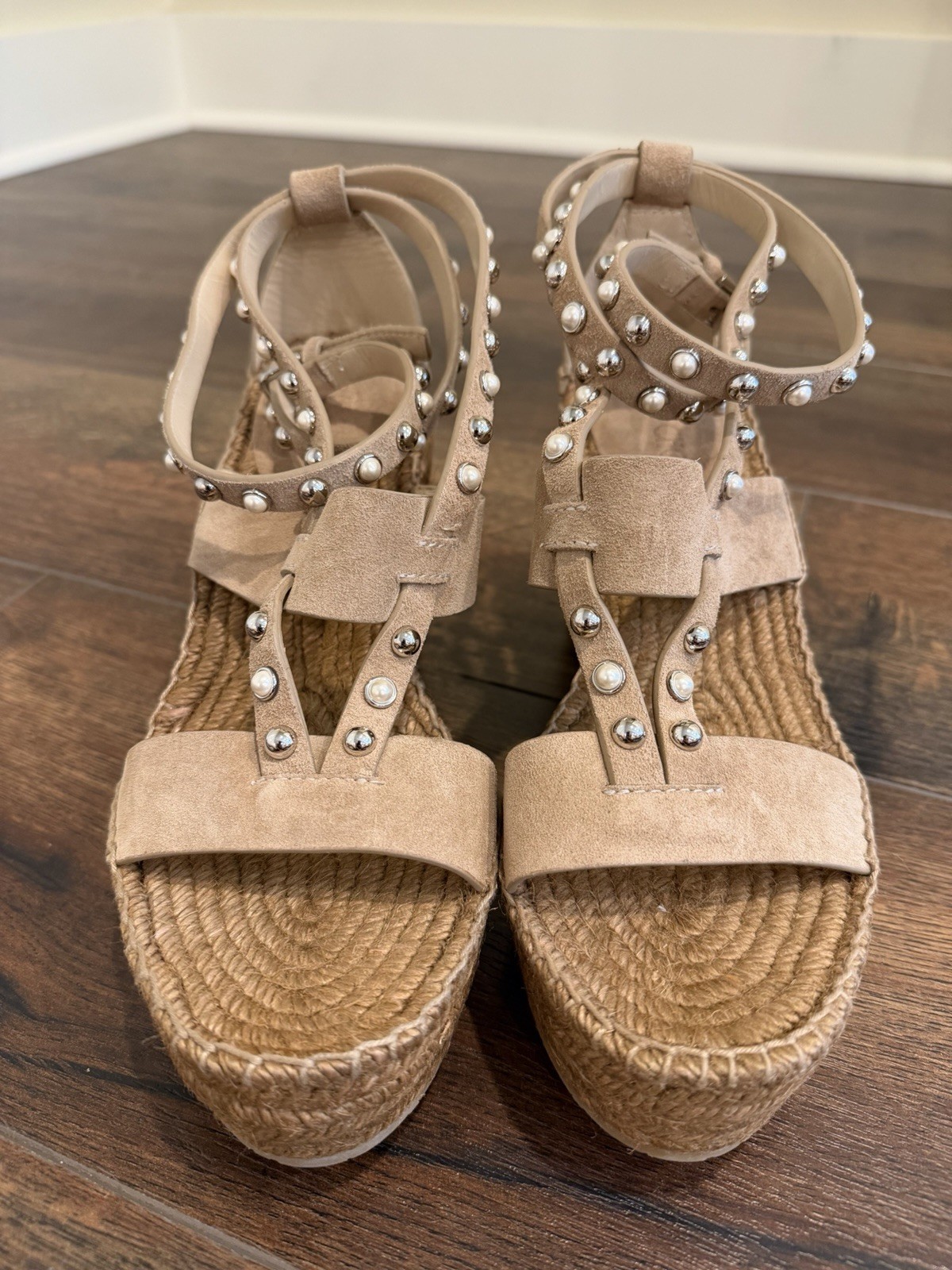 NEW! Jimmy Choo Women’s Suede Light Brown Pearl & Silver Studded Wedges Size 40