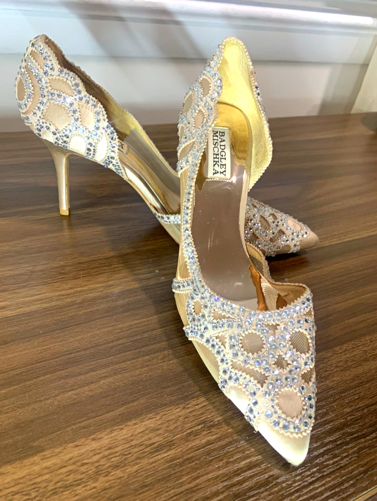Badgley Mischka Women’s Silk Pump Ivory/Silver Rhinestone Pointed Toe Slip On 9